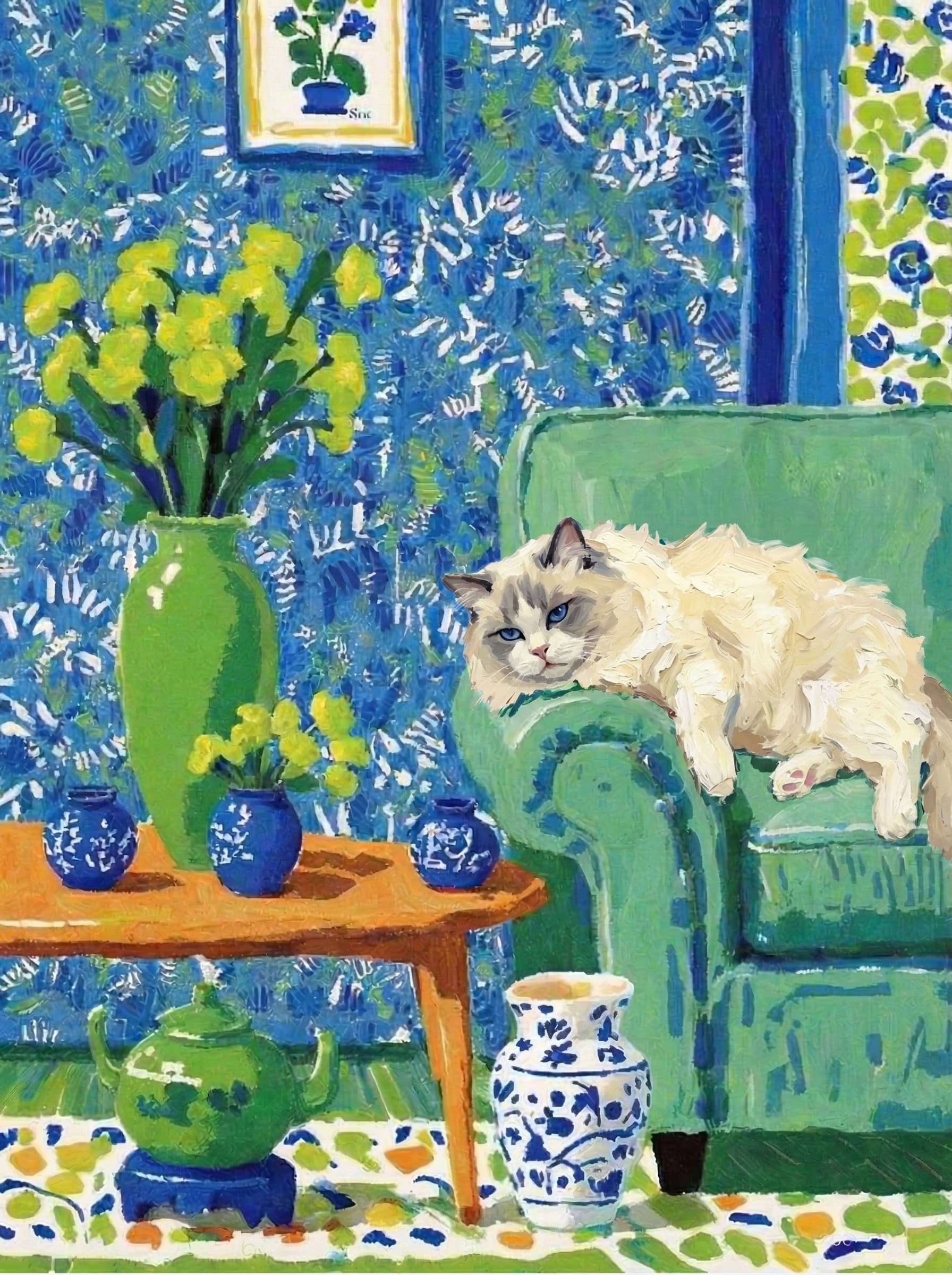 A pet lazy lying on the couch, with head tilt on the edge of couch, eye looking at the the vase. paint in post-impressionism style. Use saturated, non-naturalistic colors and flattened perspective reminiscent of Henri Matisse. painterly and expressive, utilizing thick, confident strokes and quick, rhythmic marks that prioritize texture and visual energy over realistic blending or depth.