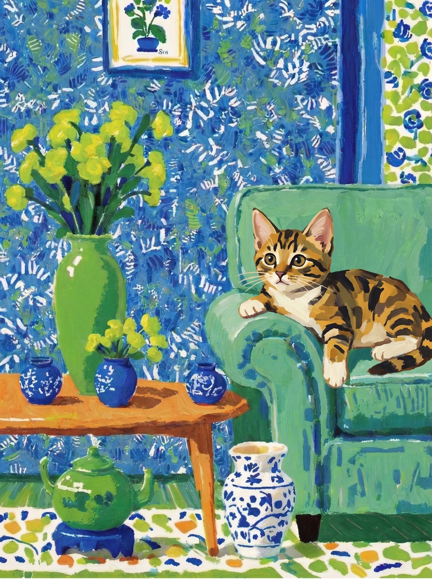A pet lazy lying on the couch, with head tilt on the edge of couch, eye looking at the the vase. Art Style: Paint in Fauvism, post-impressionism style. Use simplified shapes, exaggerates color, and flattens perspective to create charm and personality.
Use saturated, non-naturalistic colors and flattened perspective reminiscent of Henri Matisse.
The brushwork is loose, visible, and painterly, with uneven strokes that give the surface texture and movement.
Paint with large areas of flat color patches, simplified shapes, bold decorative outlines, and minimal blending.
The composition is flattened and slightly distorted, with compressed perspective.
The painting is expressive, utilizing thick, confident strokes and quick, rhythmic marks that prioritize texture and visual energy over realistic blending or depth.