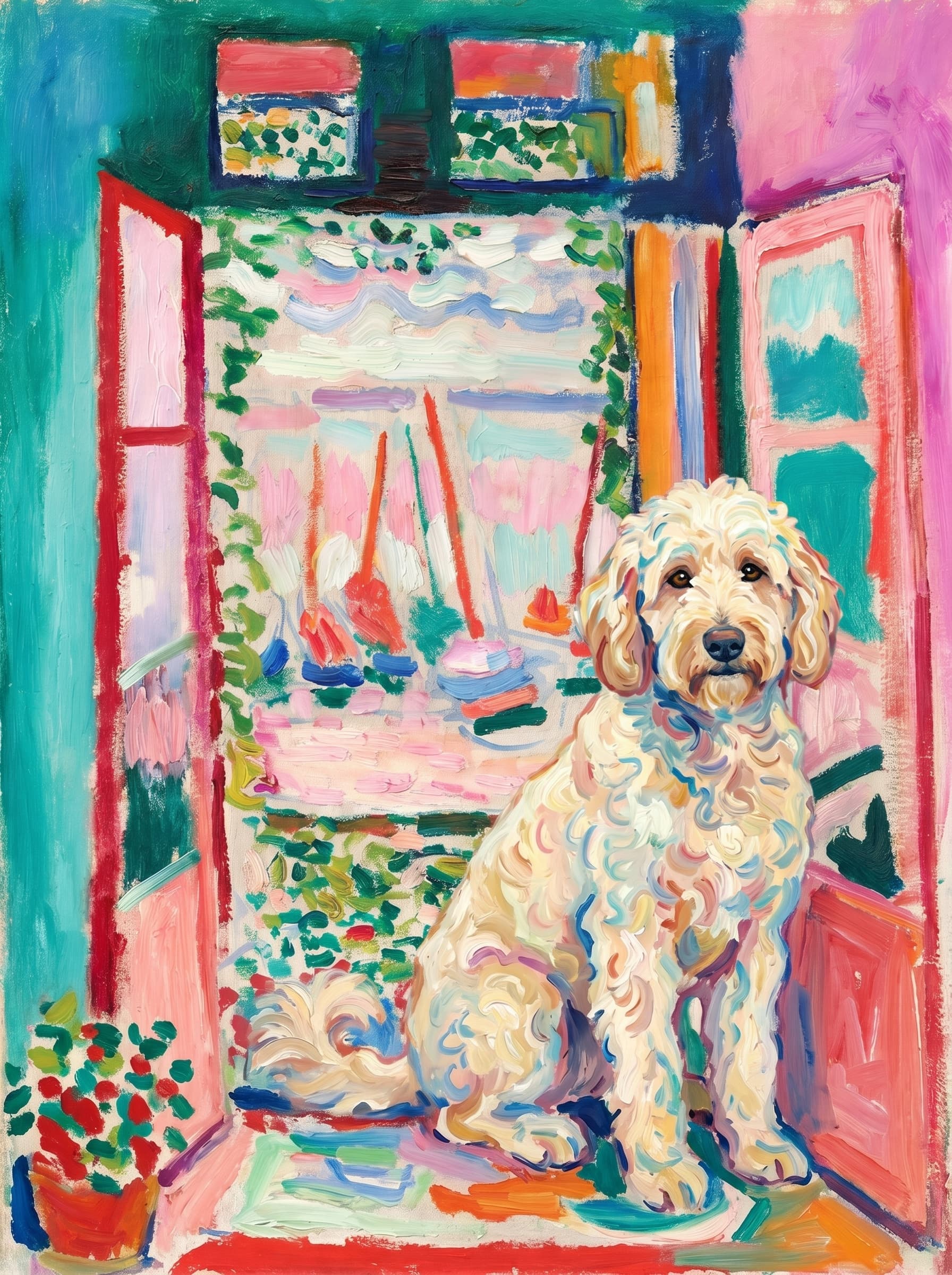 A pet sitting on the right bottom frame of an open door, with its back to the opening while facing the room, looking at the viewer, slight leaning on the right-side door panel. Paint in post-impressionism style. Use loosely painted, vibrantly colored, stylized, vertical painting.