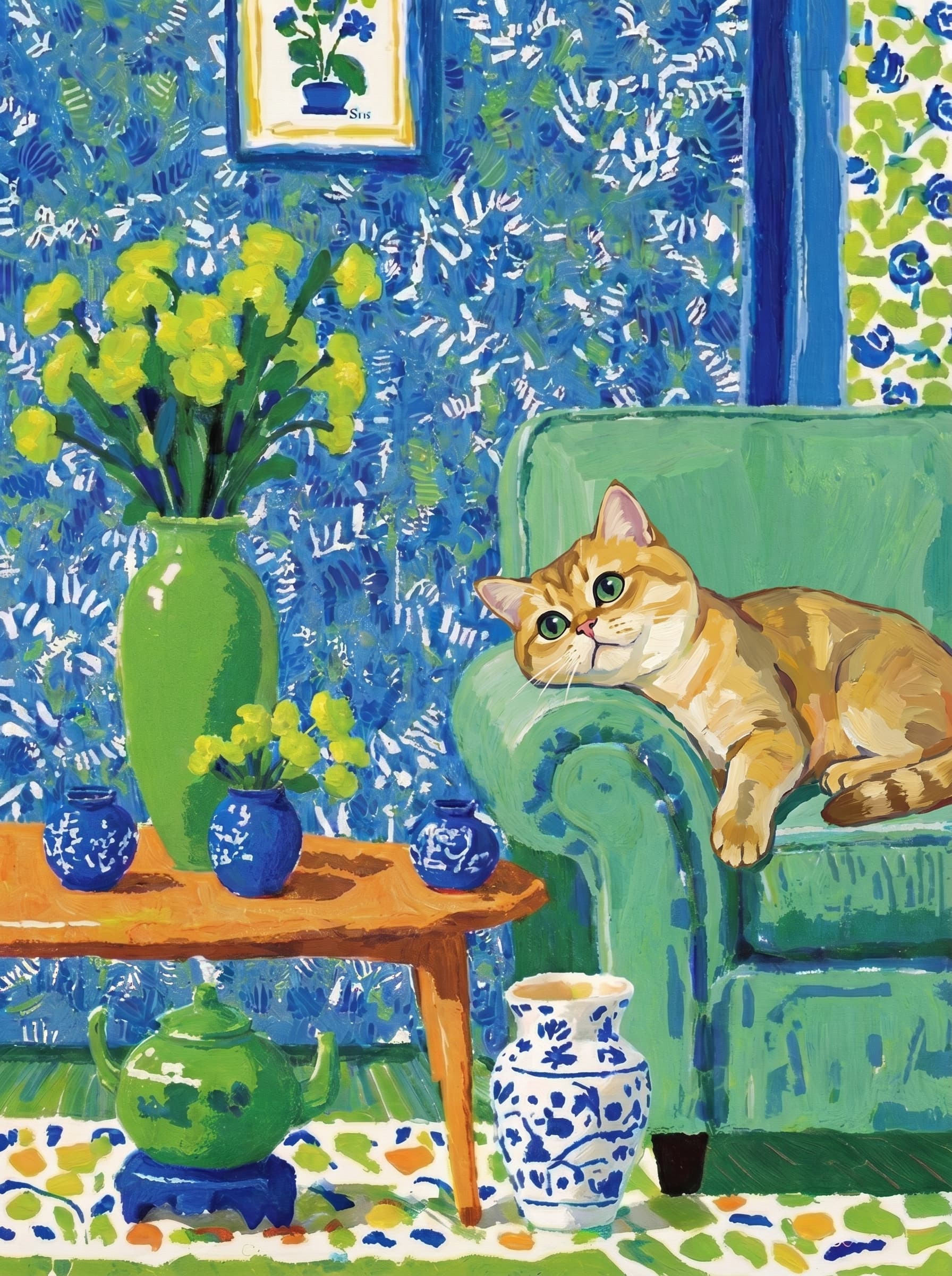 A pet lazy lying on the couch, with head tilt on the edge of couch, eye looking at the the vase. Art Style: Paint in Fauvism, post-impressionism style. Use simplified shapes, exaggerates color, and flattens perspective to create charm and personality.
Use saturated, non-naturalistic colors and flattened perspective reminiscent of Henri Matisse.
The brushwork is loose, visible, and painterly, with uneven strokes that give the surface texture and movement.
Paint with large areas of flat color patches, simplified shapes, bold decorative outlines, and minimal blending.
The composition is flattened and slightly distorted, with compressed perspective.
The painting is expressive, utilizing thick, confident strokes and quick, rhythmic marks that prioritize texture and visual energy over realistic blending or depth.