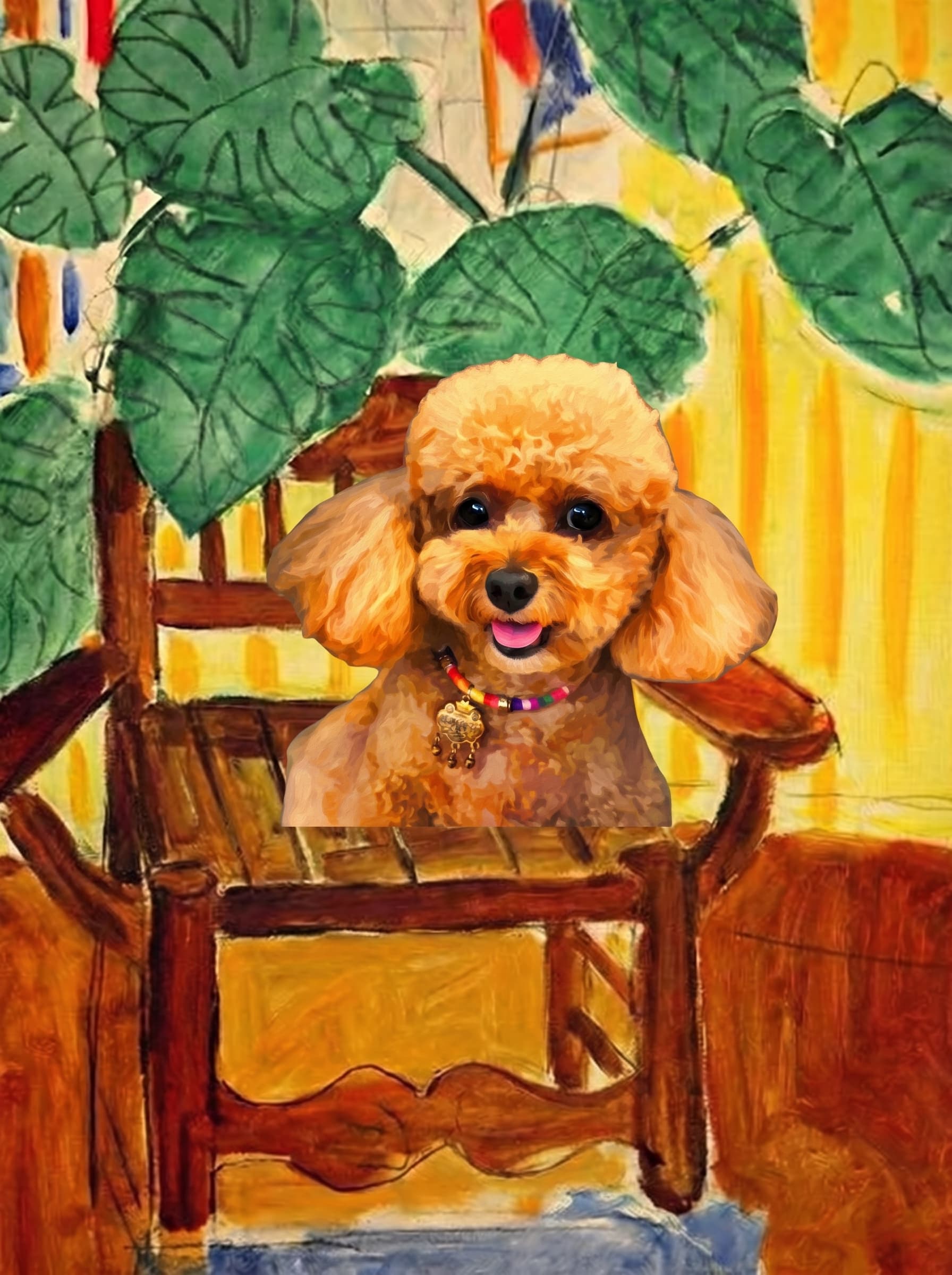A pet sitting on a brown chair, looking at the viewer. Art Style: Paint in Fauvism, post-impressionism style. Use simplified shapes, exaggerates color, and flattens perspective to create charm and personality.
Use saturated, non-naturalistic colors and flattened perspective reminiscent of Henri Matisse.
The brushwork is loose, visible, and painterly, with uneven strokes that give the surface texture and movement.
Paint with large areas of flat color patches, simplified shapes, bold decorative outlines, and minimal blending.
The composition is flattened and slightly distorted, with compressed perspective.
The painting is expressive, utilizing thick, confident strokes and quick, rhythmic marks that prioritize texture and visual energy over realistic blending or depth.
