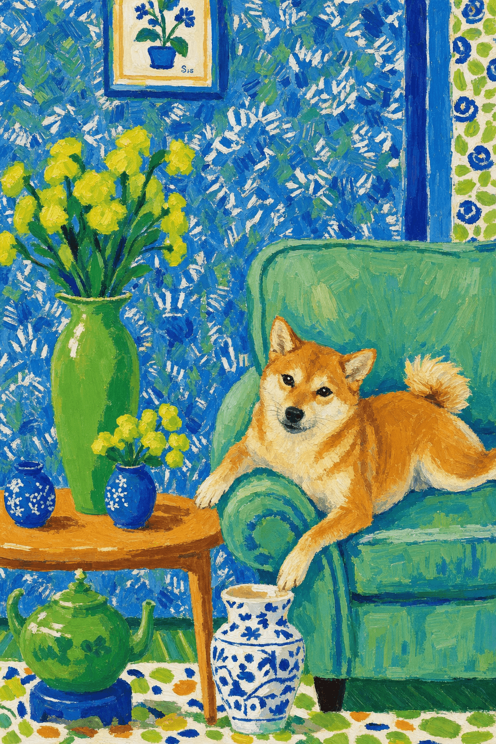 A pet lazy lying on the couch, with head tilt on the edge of couch, eye looking at the the vase. paint in post-impressionism style. Use saturated, non-naturalistic colors and flattened perspective reminiscent of Henri Matisse. painterly and expressive, utilizing thick, confident strokes and quick, rhythmic marks that prioritize texture and visual energy over realistic blending or depth.