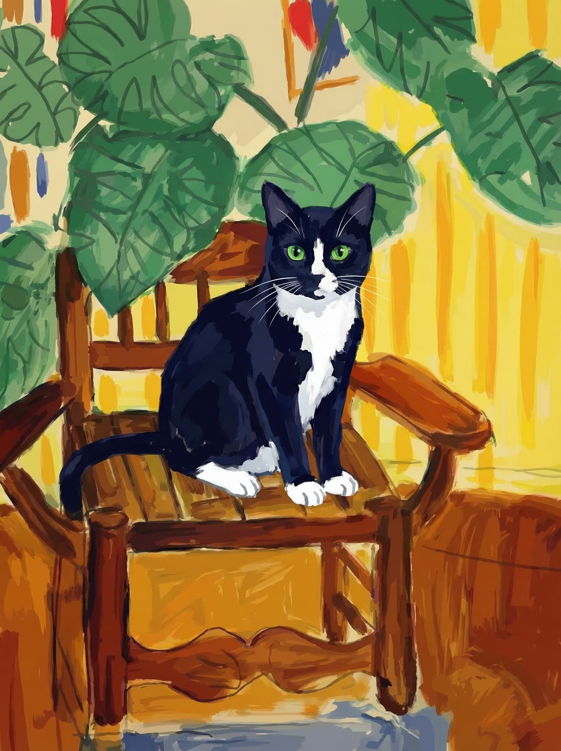A pet sitting on a brown chair, looking at the viewer. Colors are applied with minimal blending, creating a flat, illustrative feel. The brushwork is broad, rapid, and direct. Strokes are loose, visible, applied thinly, defining the forms quickly without building up significant physical texture or impasto on the surface.