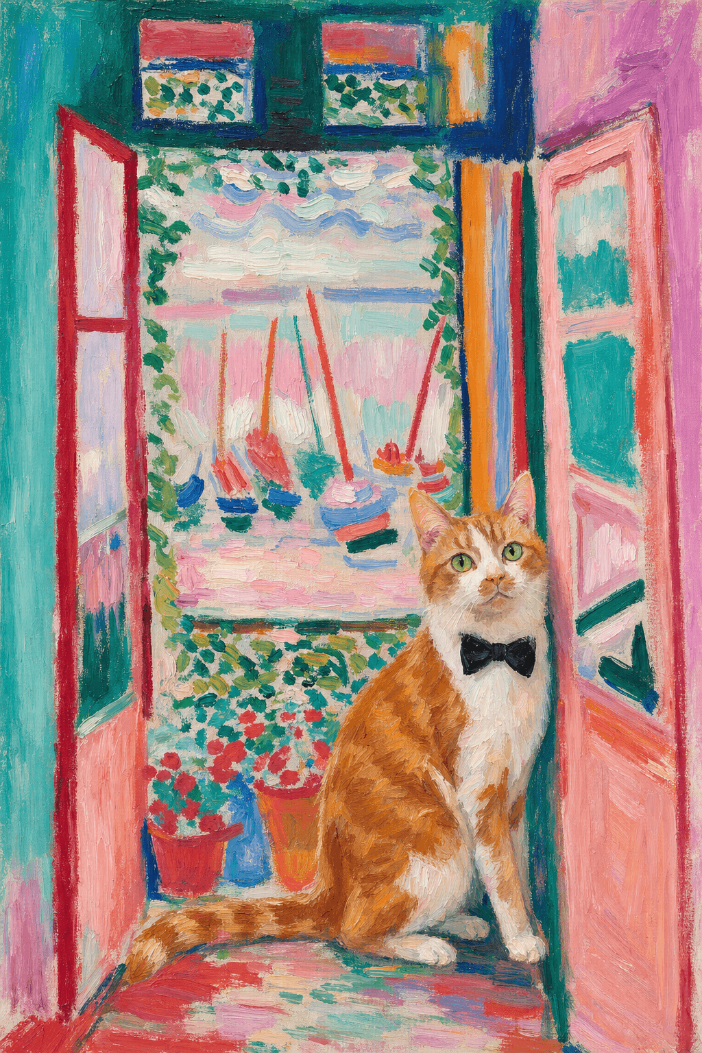A pet sitting on the right bottom frame of an open door, with its back to the opening while facing the room, looking at the viewer, slight leaning on the right-side door panel. Paint in post-impressionism style. Use loosely painted, vibrantly colored, stylized, vertical painting.