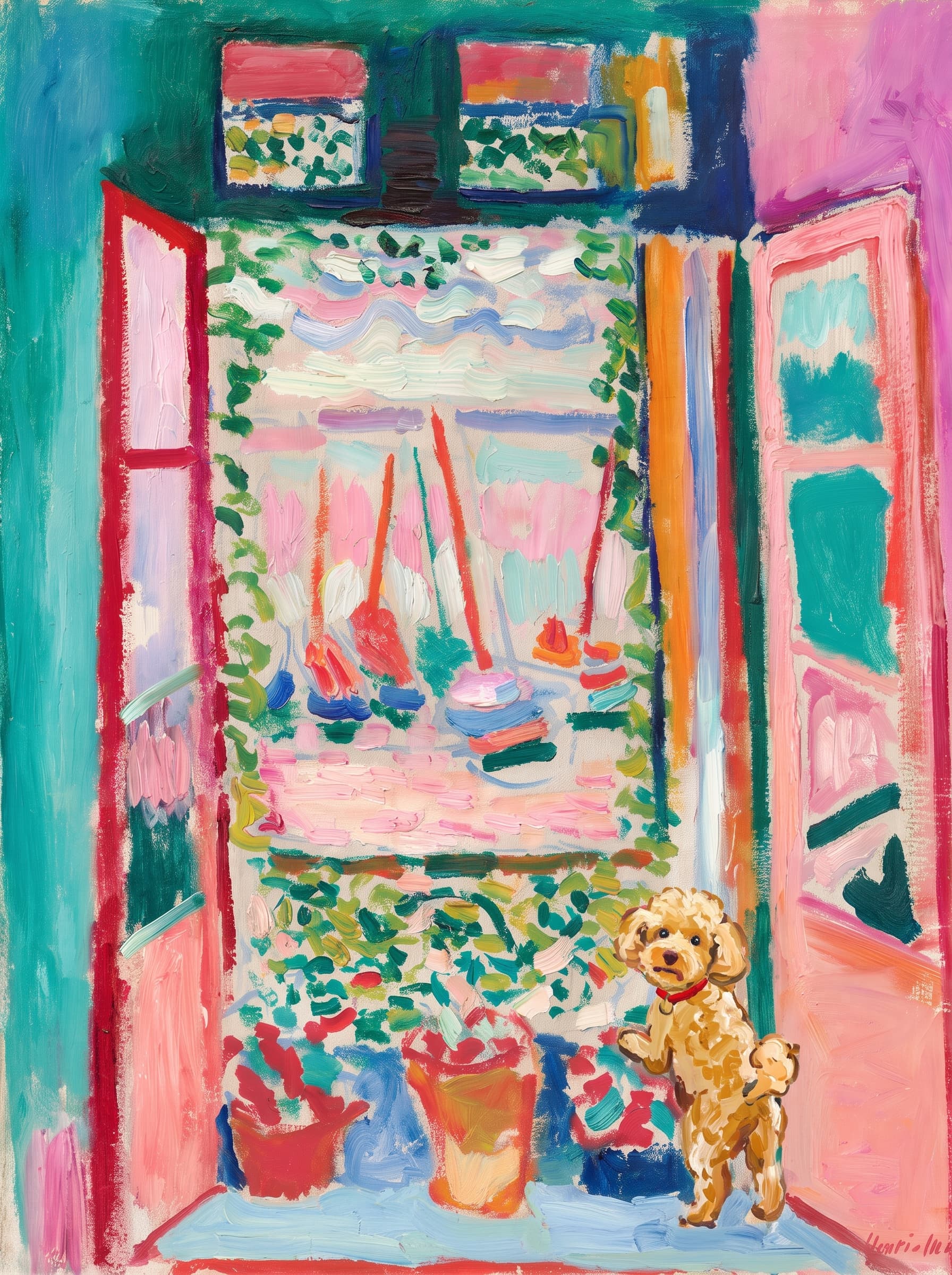 A pet sitting on the right bottom frame of an open door, with its back to the opening while facing the room, looking at the viewer, slight leaning on the right-side door panel. Art Style: Paint in Fauvism, post-impressionism style. Use simplified shapes, exaggerates color, and flattens perspective to create charm and personality.
Use saturated, non-naturalistic colors and flattened perspective reminiscent of Henri Matisse.
The brushwork is loose, visible, and painterly, with uneven strokes that give the surface texture and movement.
Paint with large areas of flat color patches, simplified shapes, bold decorative outlines, and minimal blending.
The composition is flattened and slightly distorted, with compressed perspective.
The painting is expressive, utilizing thick, confident strokes and quick, rhythmic marks that prioritize texture and visual energy over realistic blending or depth.