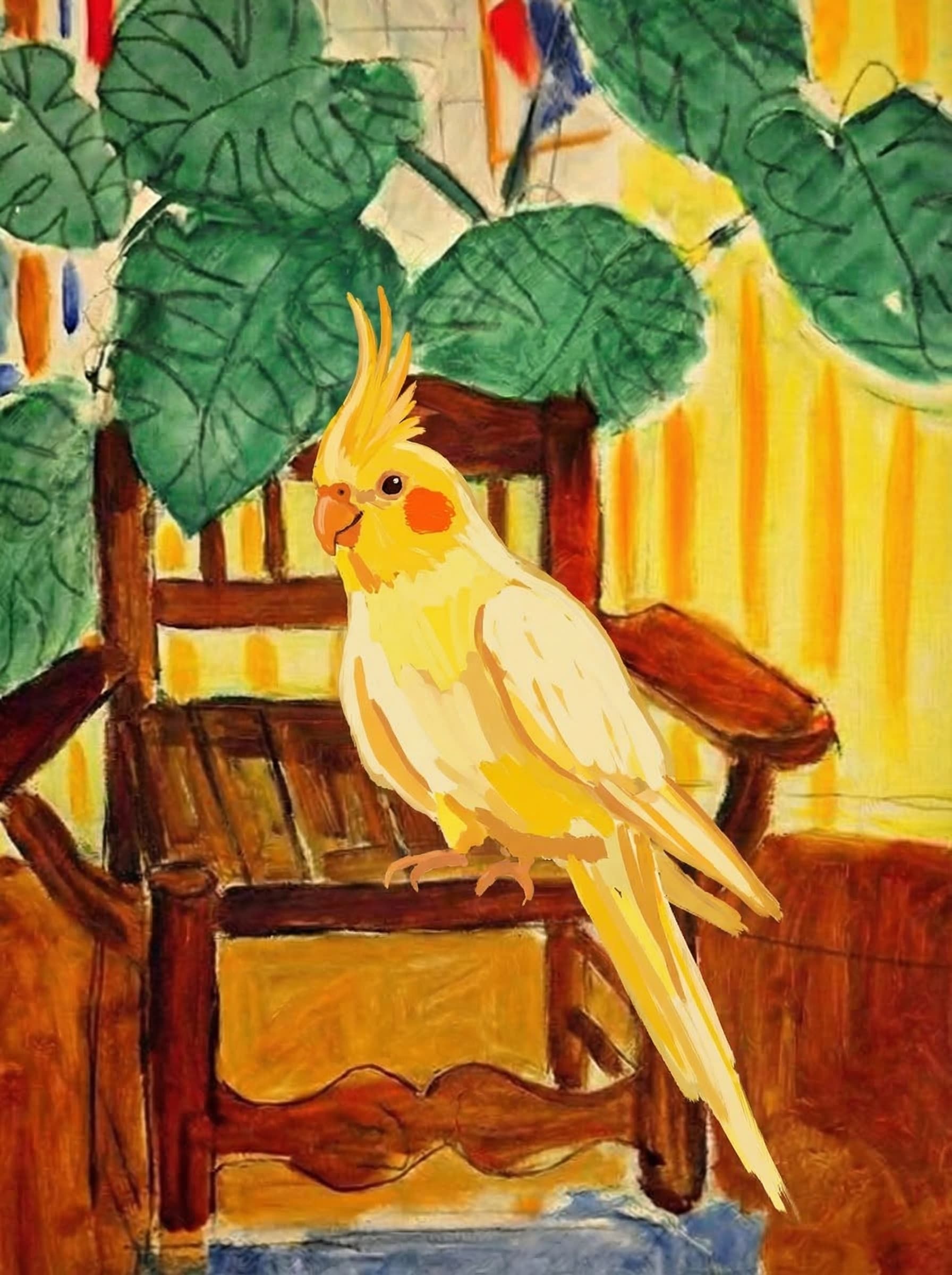 A pet sitting on a brown chair, looking at the viewer. Colors are applied with minimal blending, creating a flat, illustrative feel. The brushwork is broad, rapid, and direct. Strokes are loose, visible, applied thinly, defining the forms quickly without building up significant physical texture or impasto on the surface.
