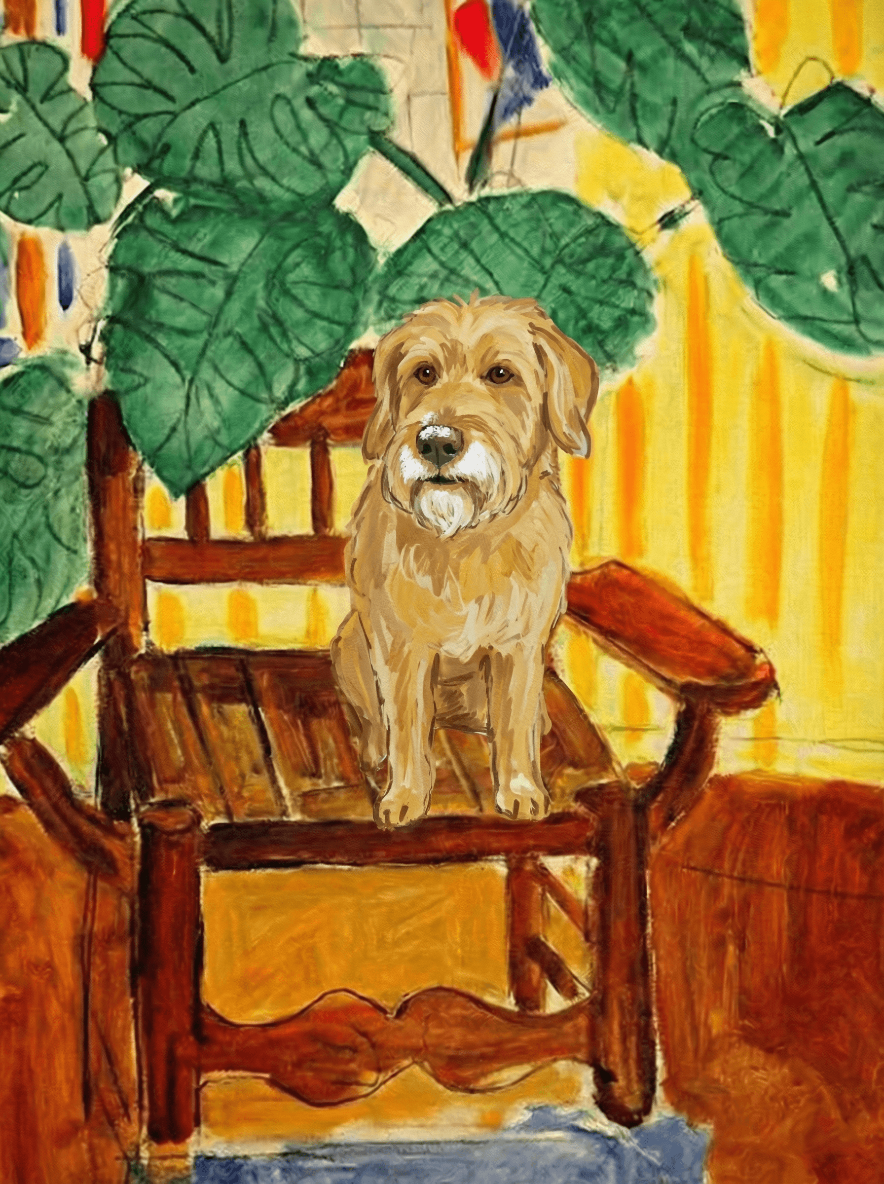 A pet sitting on a brown chair, looking at the viewer. Colors are applied with minimal blending, creating a flat, illustrative feel. The brushwork is broad, rapid, and direct. Strokes are loose, visible, applied thinly, defining the forms quickly without building up significant physical texture or impasto on the surface.