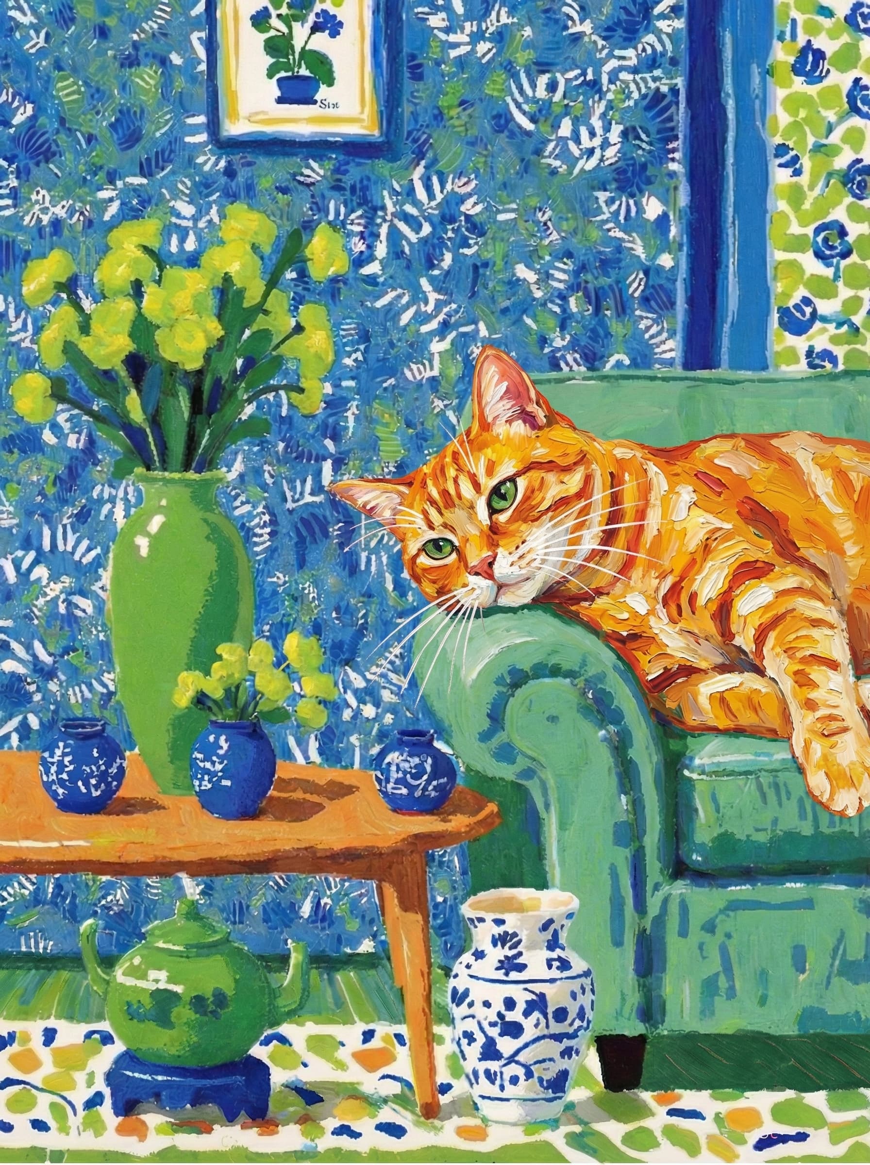 A pet lazy lying on the couch, with head tilt on the edge of couch, eye looking at the the vase. paint in post-impressionism style. Use saturated, non-naturalistic colors and flattened perspective reminiscent of Henri Matisse. painterly and expressive, utilizing thick, confident strokes and quick, rhythmic marks that prioritize texture and visual energy over realistic blending or depth.