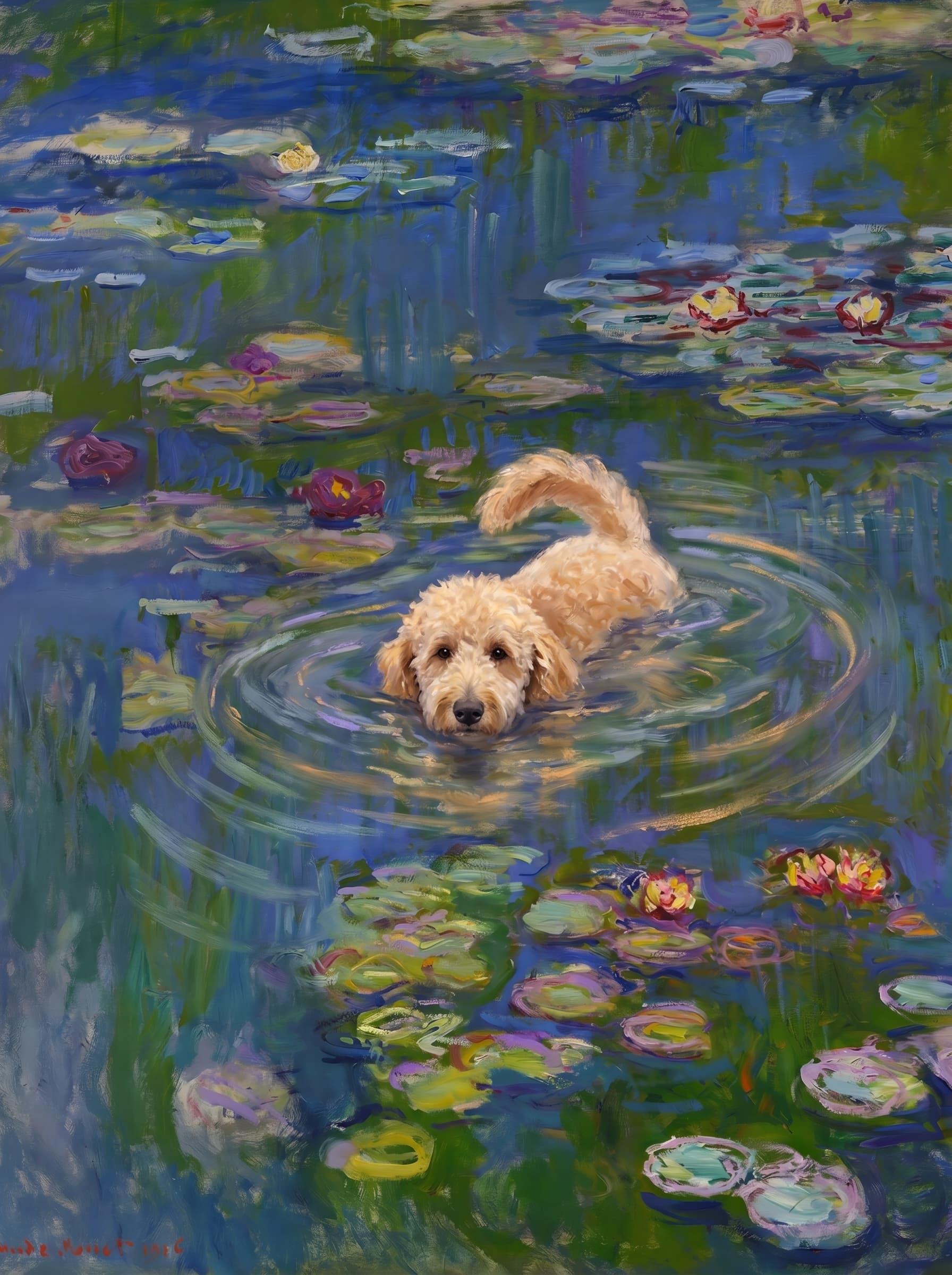 The pet should appear naturally integrated into the middle of the pond, swimming calmly through the water with only its head, upper neck, and a subtle suggestion of its back visible above the surface.
The pet should be facing forward and looking directly at the viewer. Its wet fur should be suggested through painterly strokes.
Blend the pet into the scene using Monet-like impressionist oil painting techniques: visible layered brushstrokes, soft broken color, blue-green reflections, violet shadows, golden-orange highlights, and shimmering ripples around the pet.
The water should partially obscure the pet’s body, with delicate circular ripples spreading outward. Nearby lily pads and water lilies should remain undisturbed but subtly interact with the ripples.
The pet must feel like it was originally painted into the artwork, not pasted on top. Match the atmospheric softness, painterly texture, scale, perspective, and color harmony of the original Water Lilies painting.
Avoid photorealism, sharp outlines, modern digital effects, or excessive detail. The final image should look like a whimsical impressionist oil painting in the spirit of late Monet, with the pet quietly swimming among the lily pads at the center of the pond.
Art Style: Paint in Fauvism, post-impressionism style. Use simplified shapes, exaggerates color, and flattens perspective to create charm and personality.
Use saturated, non-naturalistic colors and flattened perspective reminiscent of Henri Matisse.
The brushwork is loose, visible, and painterly, with uneven strokes that give the surface texture and movement.
Paint with large areas of flat color patches, simplified shapes, bold decorative outlines, and minimal blending.
The composition is flattened and slightly distorted, with compressed perspective.
The painting is expressive, utilizing thick, confident strokes and quick, rhythmic marks that prioritize texture and visual energy over realistic blending or depth.