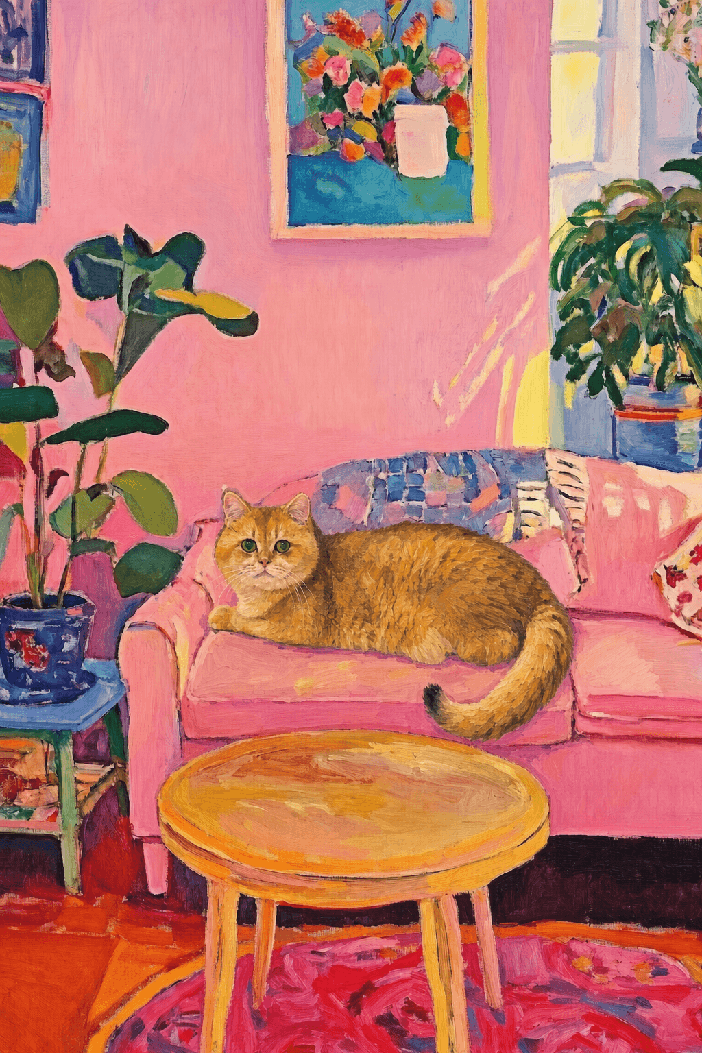 The painting shows a cozy, colorful interior with a warm pink wall and a large pink sofa in the foreground. 
      The pet is resting lazily on a bright pink velvet sofa. The pet’s looked completely relaxed and content. 
      The overall mood is cheerful and intimate, with bold outlines, visible brushstrokes, and slightly simplified forms. 
      Art Style: Paint in Fauvism, post-impressionism style. Use simplified shapes, exaggerates color, and flattens perspective to create charm and personality.
Use saturated, non-naturalistic colors and flattened perspective reminiscent of Henri Matisse.
The brushwork is loose, visible, and painterly, with uneven strokes that give the surface texture and movement.
Paint with large areas of flat color patches, simplified shapes, bold decorative outlines, and minimal blending.
The composition is flattened and slightly distorted, with compressed perspective.
The painting is expressive, utilizing thick, confident strokes and quick, rhythmic marks that prioritize texture and visual energy over realistic blending or depth.