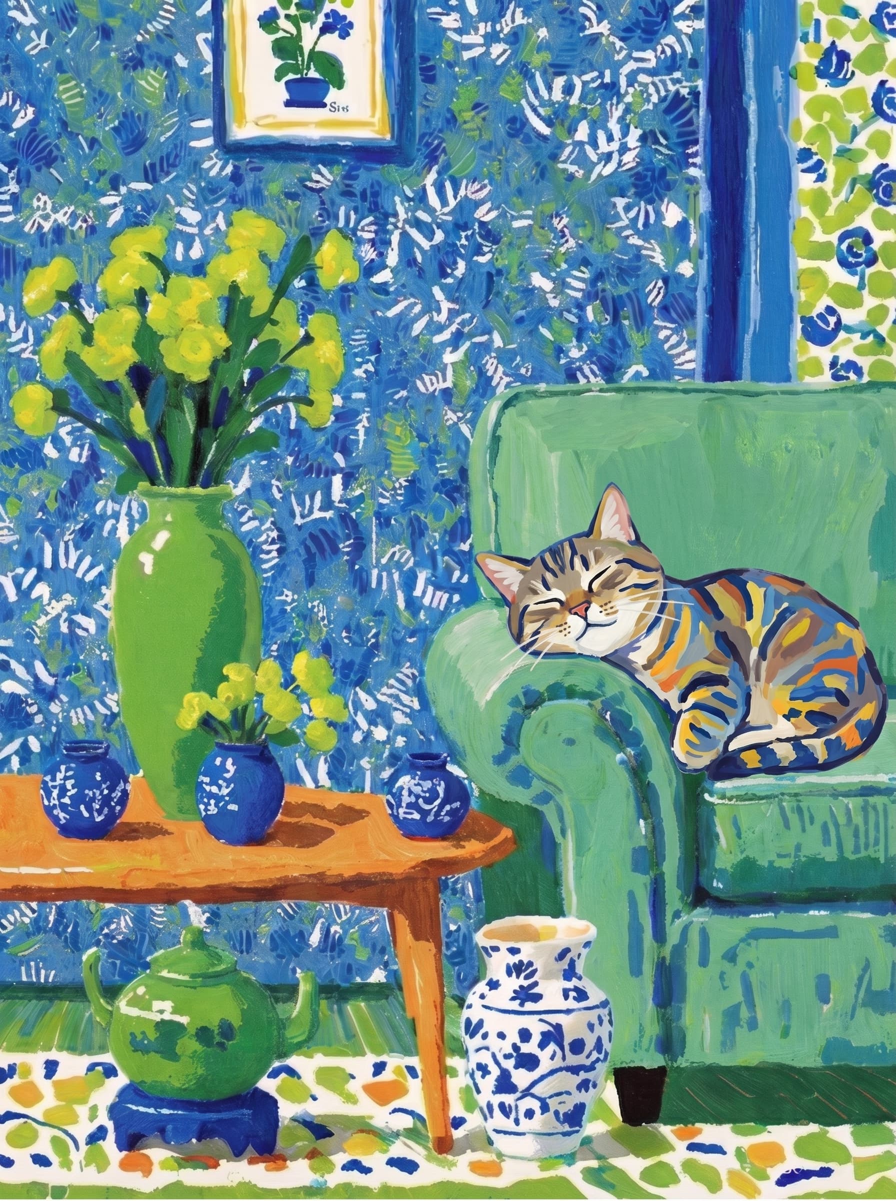 A pet lazy lying on the couch, with head tilt on the edge of couch, eye looking at the the vase. Art Style: Paint in Fauvism, post-impressionism style. Use simplified shapes, exaggerates color, and flattens perspective to create charm and personality.
Use saturated, non-naturalistic colors and flattened perspective reminiscent of Henri Matisse.
The brushwork is loose, visible, and painterly, with uneven strokes that give the surface texture and movement.
Paint with large areas of flat color patches, simplified shapes, bold decorative outlines, and minimal blending.
The composition is flattened and slightly distorted, with compressed perspective.
The painting is expressive, utilizing thick, confident strokes and quick, rhythmic marks that prioritize texture and visual energy over realistic blending or depth.