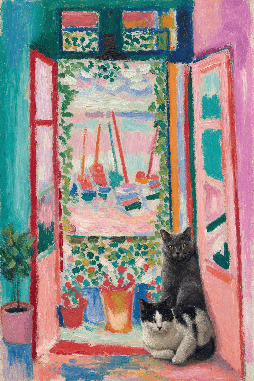 A pet sitting on the right bottom frame of an open door, with its back to the opening while facing the room, looking at the viewer, slight leaning on the right-side door panel. Paint in post-impressionism style. Use loosely painted, vibrantly colored, stylized, vertical painting.