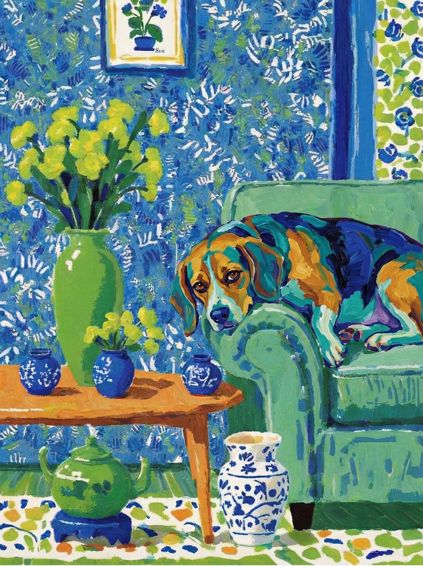 A pet lazy lying on the couch, with head tilt on the edge of couch, eye looking at the the vase. paint in post-impressionism style. Use saturated, non-naturalistic colors and flattened perspective reminiscent of Henri Matisse. painterly and expressive, utilizing thick, confident strokes and quick, rhythmic marks that prioritize texture and visual energy over realistic blending or depth.