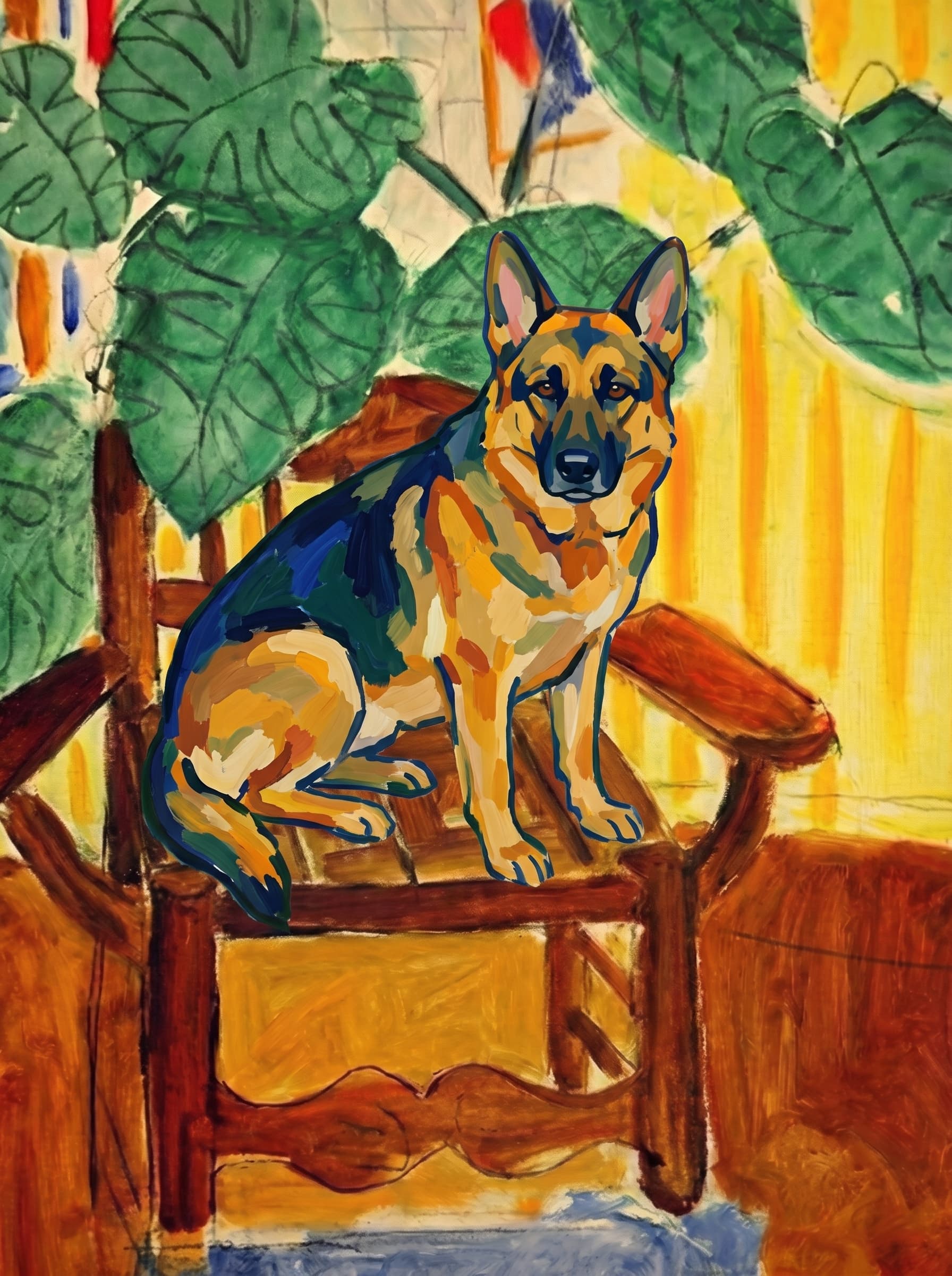 A pet sitting on a brown chair, looking at the viewer. Art Style: Paint in Fauvism, post-impressionism style. Use simplified shapes, exaggerates color, and flattens perspective to create charm and personality.
Use saturated, non-naturalistic colors and flattened perspective reminiscent of Henri Matisse.
The brushwork is loose, visible, and painterly, with uneven strokes that give the surface texture and movement.
Paint with large areas of flat color patches, simplified shapes, bold decorative outlines, and minimal blending.
The composition is flattened and slightly distorted, with compressed perspective.
The painting is expressive, utilizing thick, confident strokes and quick, rhythmic marks that prioritize texture and visual energy over realistic blending or depth.