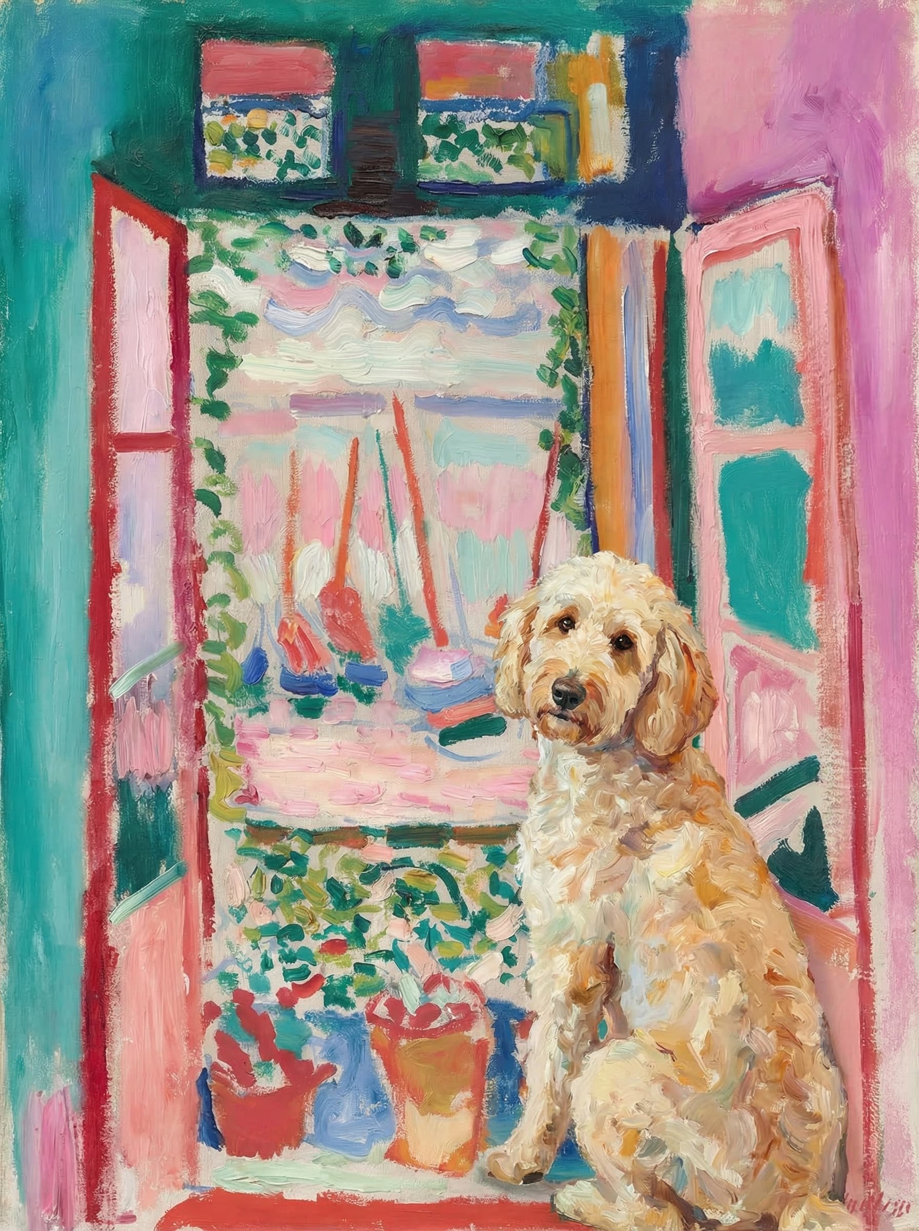 A pet sitting on the right bottom frame of an open door, with its back to the opening while facing the room, looking at the viewer, slight leaning on the right-side door panel. Paint in post-impressionism style. Use loosely painted, vibrantly colored, stylized, vertical painting.