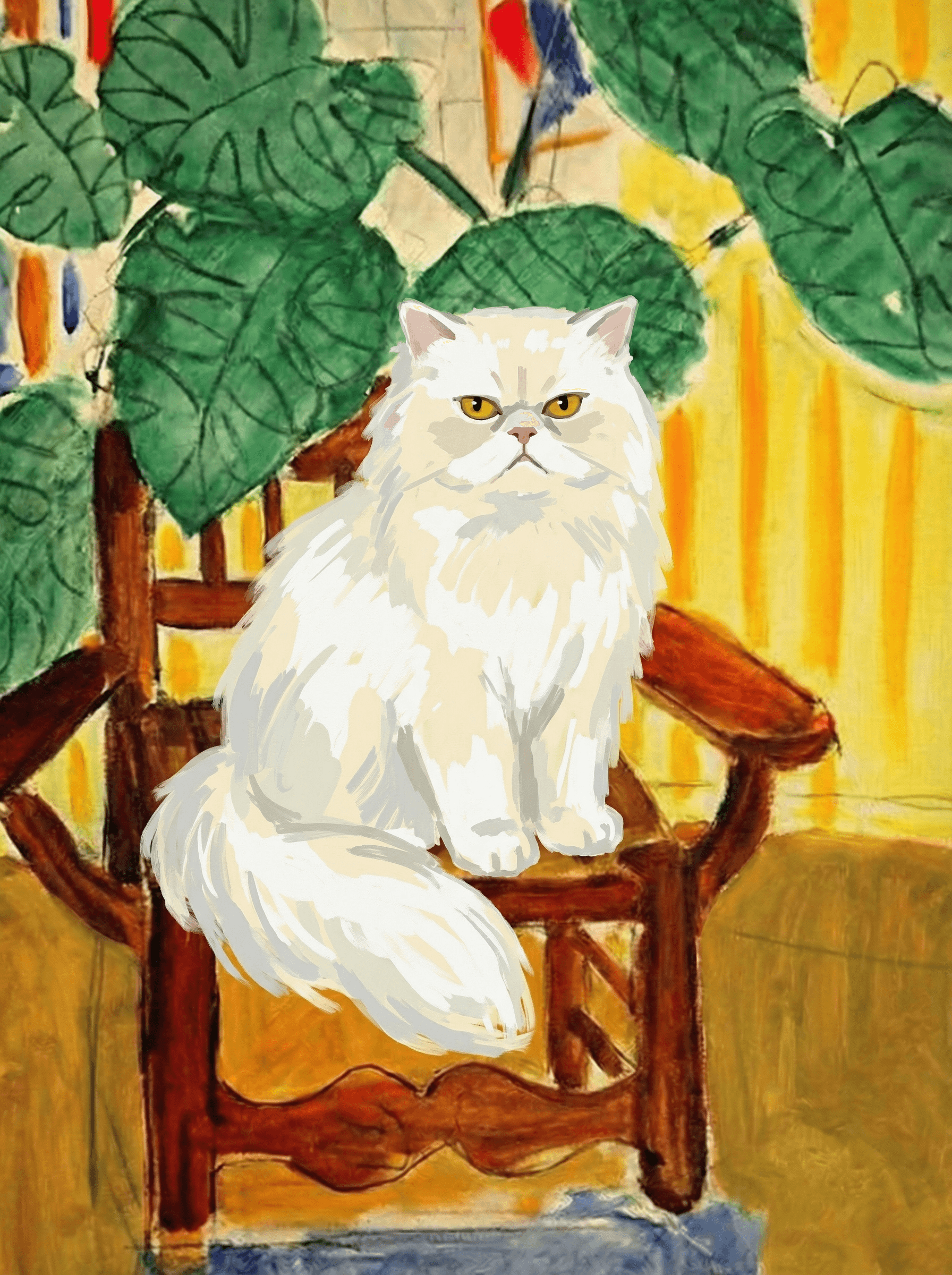 A pet sitting on a brown chair, looking at the viewer. Colors are applied with minimal blending, creating a flat, illustrative feel. The brushwork is broad, rapid, and direct. Strokes are loose, visible, applied thinly, defining the forms quickly without building up significant physical texture or impasto on the surface.