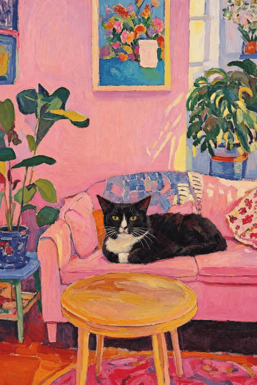 The painting shows a cozy, colorful interior with a warm pink wall and a large pink sofa in the foreground. 
      The pet is resting lazily on a bright pink velvet sofa. The pet’s looked completely relaxed and content. 
      The overall mood is cheerful and intimate, with bold outlines, visible brushstrokes, and slightly simplified forms. 
      Art Style: Paint in Fauvism, post-impressionism style. Use simplified shapes, exaggerates color, and flattens perspective to create charm and personality.
Use saturated, non-naturalistic colors and flattened perspective reminiscent of Henri Matisse.
The brushwork is loose, visible, and painterly, with uneven strokes that give the surface texture and movement.
Paint with large areas of flat color patches, simplified shapes, bold decorative outlines, and minimal blending.
The composition is flattened and slightly distorted, with compressed perspective.
The painting is expressive, utilizing thick, confident strokes and quick, rhythmic marks that prioritize texture and visual energy over realistic blending or depth.