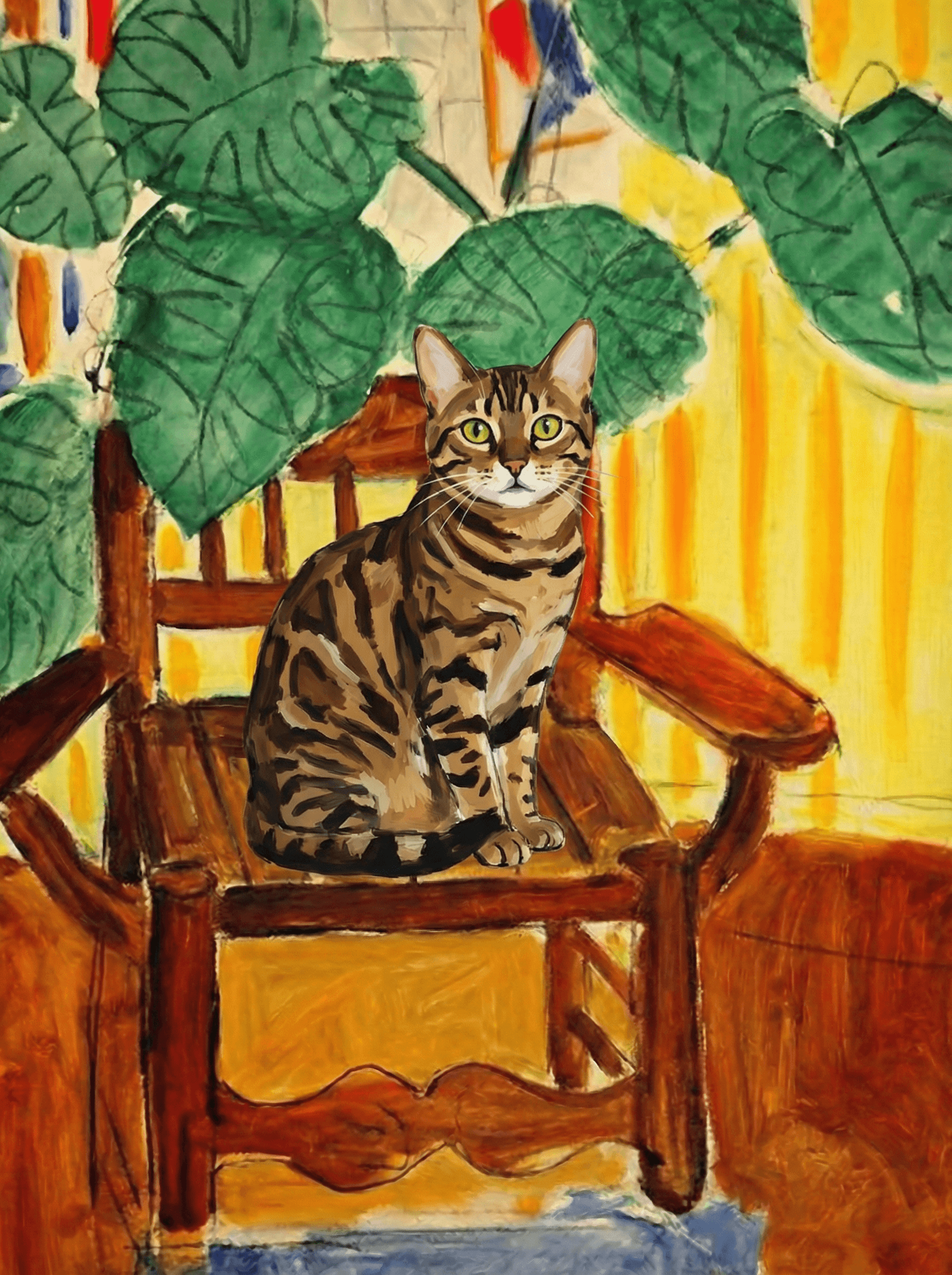 A pet sitting on a brown chair, looking at the viewer. Colors are applied with minimal blending, creating a flat, illustrative feel. The brushwork is broad, rapid, and direct. Strokes are loose, visible, applied thinly, defining the forms quickly without building up significant physical texture or impasto on the surface.