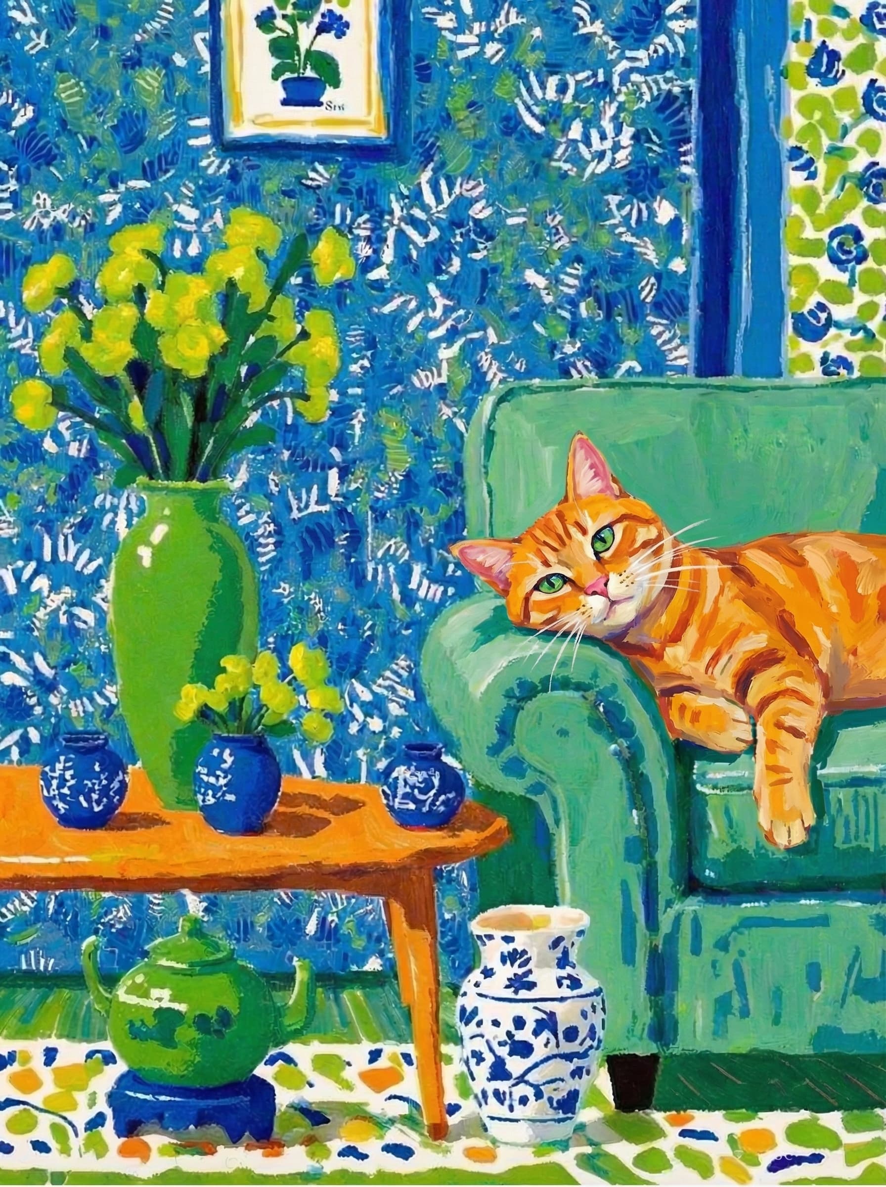 A pet lazy lying on the couch, with head tilt on the edge of couch, eye looking at the the vase. paint in post-impressionism style. Use saturated, non-naturalistic colors and flattened perspective reminiscent of Henri Matisse. painterly and expressive, utilizing thick, confident strokes and quick, rhythmic marks that prioritize texture and visual energy over realistic blending or depth.