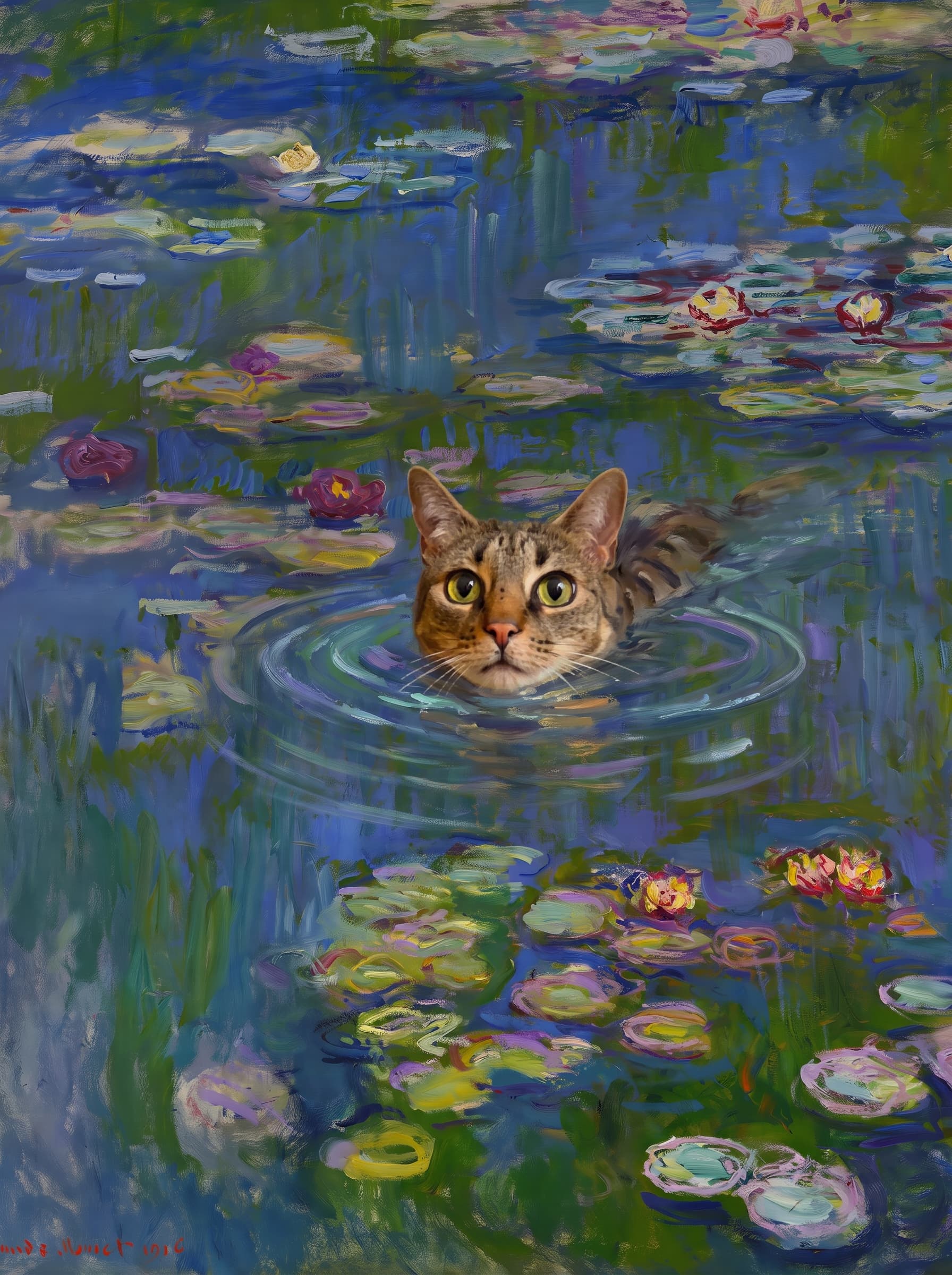 The pet should appear naturally integrated into the middle of the pond, swimming calmly through the water with only its head, upper neck, and a subtle suggestion of its back visible above the surface.
The pet should be facing forward and looking directly at the viewer. Its wet fur should be suggested through painterly strokes.
Blend the pet into the scene using Monet-like impressionist oil painting techniques: visible layered brushstrokes, soft broken color, blue-green reflections, violet shadows, golden-orange highlights, and shimmering ripples around the pet.
The water should partially obscure the pet’s body, with delicate circular ripples spreading outward. Nearby lily pads and water lilies should remain undisturbed but subtly interact with the ripples.
The pet must feel like it was originally painted into the artwork, not pasted on top. Match the atmospheric softness, painterly texture, scale, perspective, and color harmony of the original Water Lilies painting.
Avoid photorealism, sharp outlines, modern digital effects, or excessive detail. The final image should look like a whimsical impressionist oil painting in the spirit of late Monet, with the pet quietly swimming among the lily pads at the center of the pond.
Art Style: Paint in Fauvism, post-impressionism style. Use simplified shapes, exaggerates color, and flattens perspective to create charm and personality.
Use saturated, non-naturalistic colors and flattened perspective reminiscent of Henri Matisse.
The brushwork is loose, visible, and painterly, with uneven strokes that give the surface texture and movement.
Paint with large areas of flat color patches, simplified shapes, bold decorative outlines, and minimal blending.
The composition is flattened and slightly distorted, with compressed perspective.
The painting is expressive, utilizing thick, confident strokes and quick, rhythmic marks that prioritize texture and visual energy over realistic blending or depth.