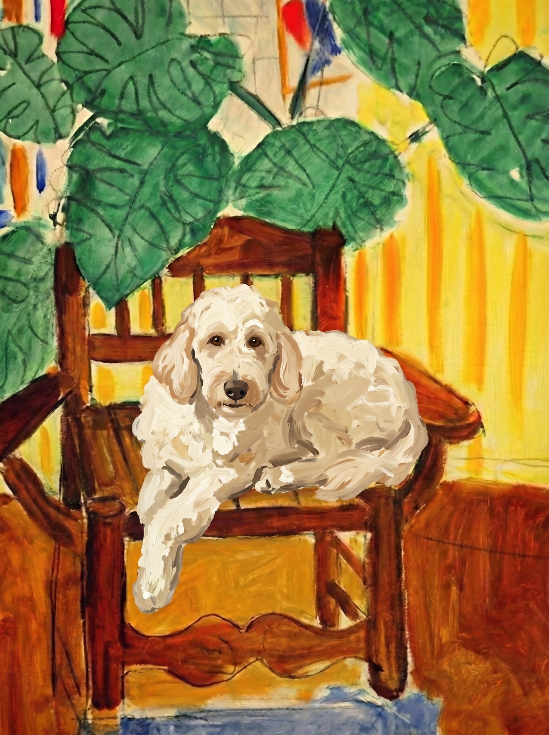 A pet sitting on a brown chair, looking at the viewer. Colors are applied with minimal blending, creating a flat, illustrative feel. The brushwork is broad, rapid, and direct. Strokes are loose, visible, applied thinly, defining the forms quickly without building up significant physical texture or impasto on the surface.
