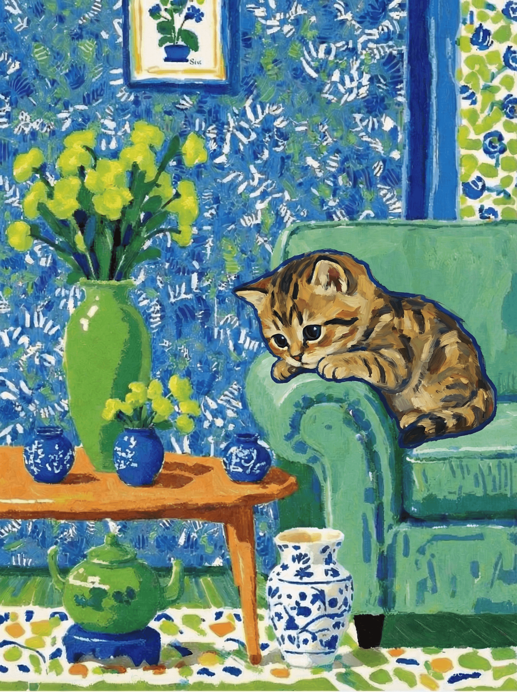 A pet lazy lying on the couch, with head tilt on the edge of couch, eye looking at the the vase. paint in post-impressionism style. Use saturated, non-naturalistic colors and flattened perspective reminiscent of Henri Matisse. painterly and expressive, utilizing thick, confident strokes and quick, rhythmic marks that prioritize texture and visual energy over realistic blending or depth.