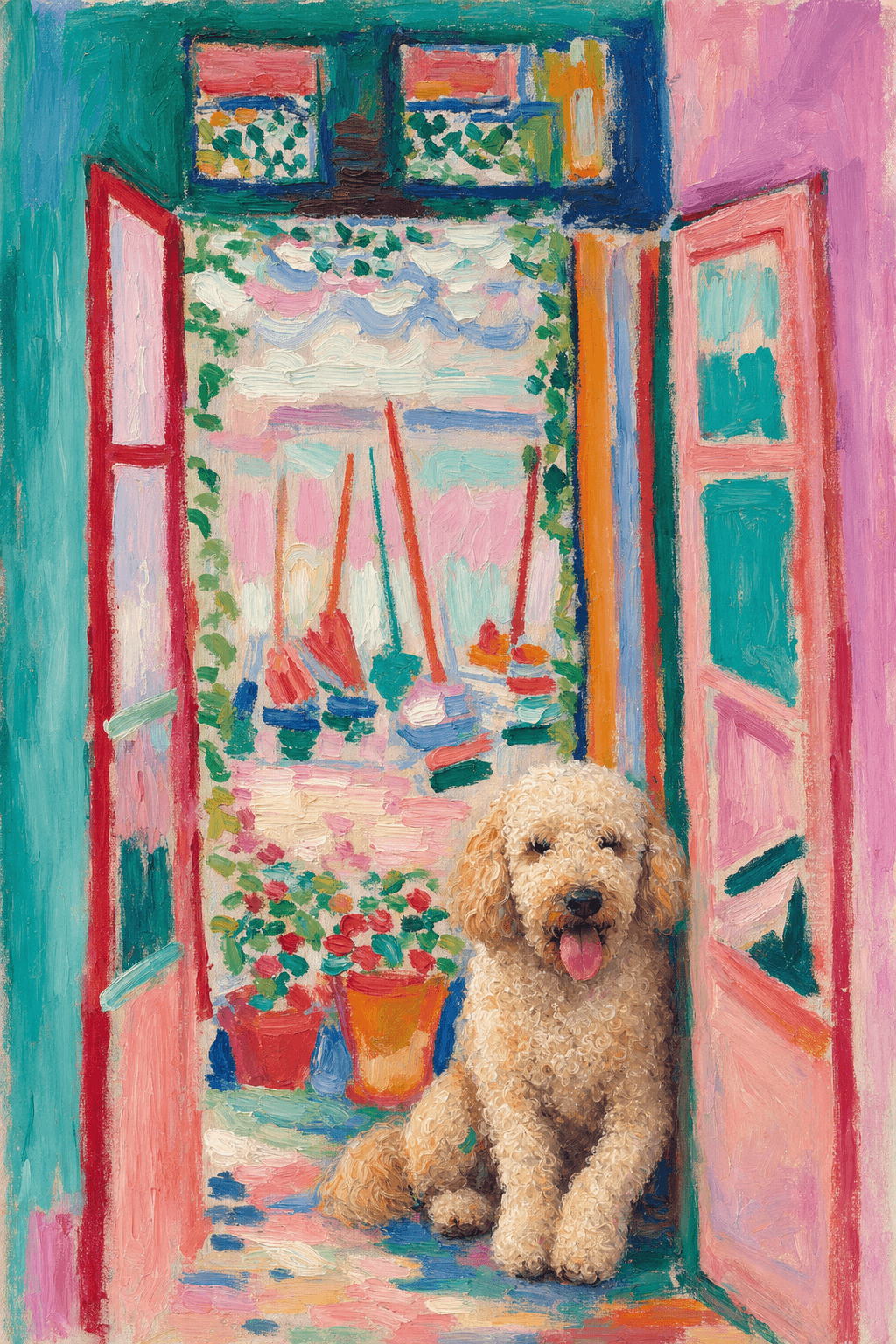 A pet sitting on the right bottom frame of an open door, with its back to the opening while facing the room, looking at the viewer, slight leaning on the right-side door panel. Paint in post-impressionism style. Use loosely painted, vibrantly colored, stylized, vertical painting.