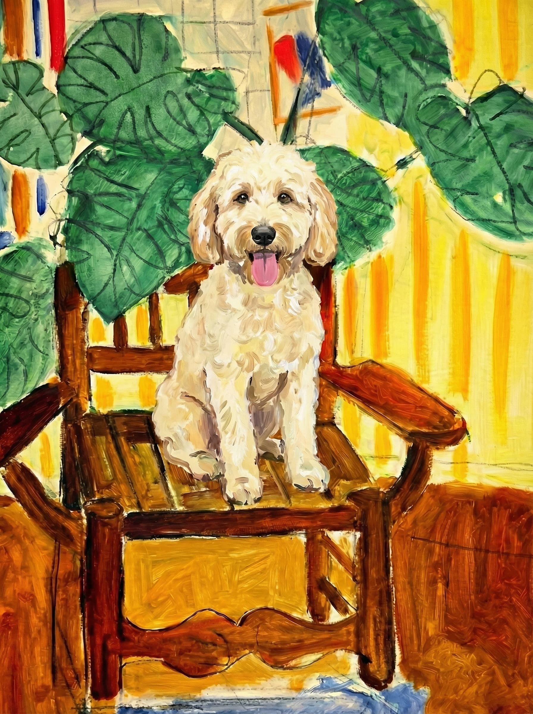 A pet sitting on a brown chair, looking at the viewer. Colors are applied with minimal blending, creating a flat, illustrative feel. The brushwork is broad, rapid, and direct. Strokes are loose, visible, applied thinly, defining the forms quickly without building up significant physical texture or impasto on the surface.