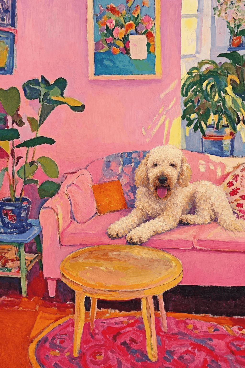 The painting shows a cozy, colorful interior with a warm pink wall and a large pink sofa in the foreground.
The pet is resting lazily on a bright pink velvet sofa. The pet’s looked completely relaxed and content.
The overall mood is cheerful and intimate, with bold outlines, visible brushstrokes, and slightly simplified forms.
Art Style: Paint in Fauvism, post-impressionism style. Use simplified shapes, exaggerates color, and flattens perspective to create charm and personality.
Use saturated, non-naturalistic colors and flattened perspective reminiscent of Henri Matisse.
The brushwork is loose, visible, and painterly, with uneven strokes that give the surface texture and movement.
Paint with large areas of flat color patches, simplified shapes, bold decorative outlines, and minimal blending.
The composition is flattened and slightly distorted, with compressed perspective.
The painting is expressive, utilizing thick, confident strokes and quick, rhythmic marks that prioritize texture and visual energy over realistic blending or depth.