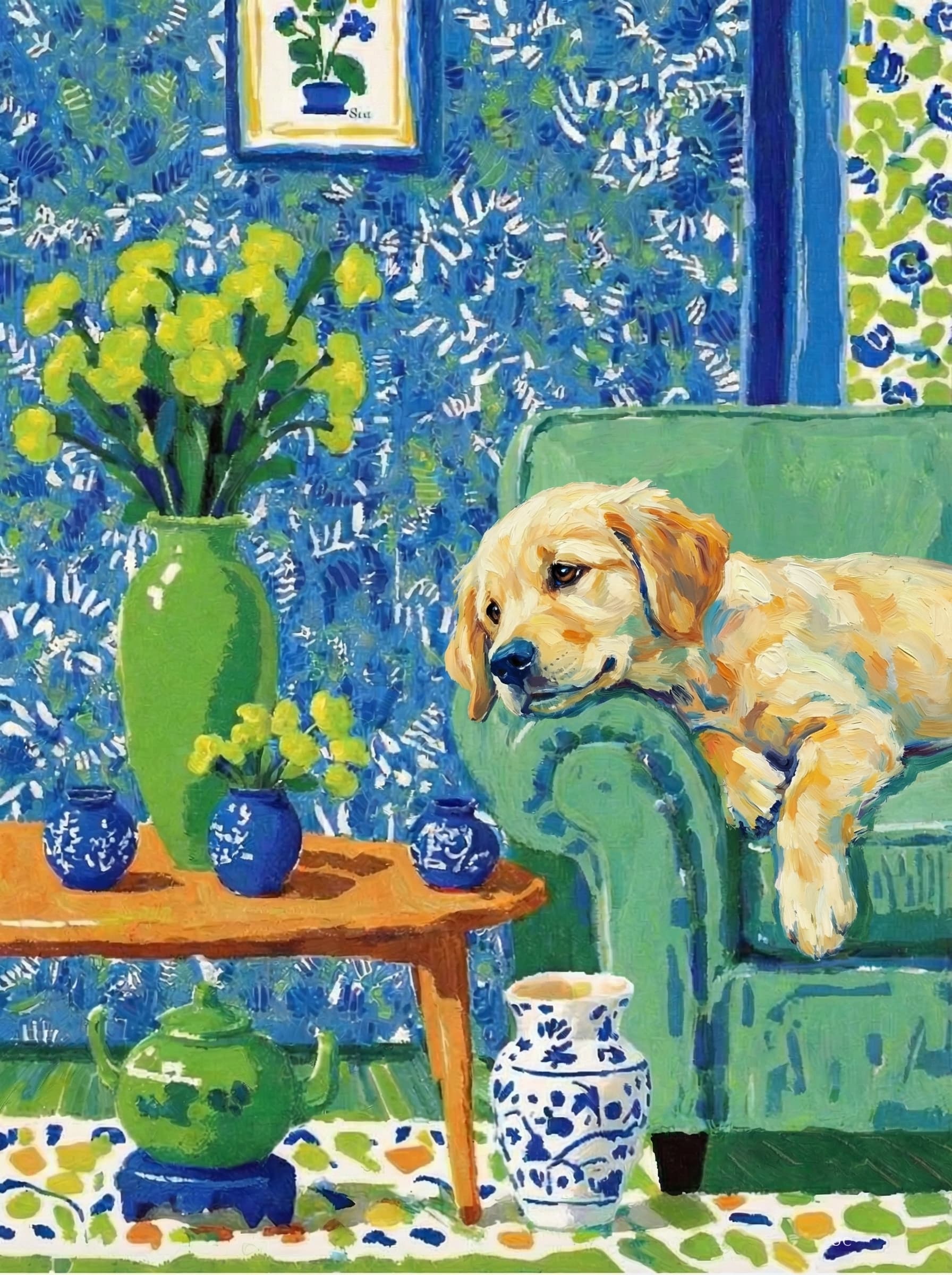 A pet lazy lying on the couch, with head tilt on the edge of couch, eye looking at the the vase. paint in post-impressionism style. Use saturated, non-naturalistic colors and flattened perspective reminiscent of Henri Matisse. painterly and expressive, utilizing thick, confident strokes and quick, rhythmic marks that prioritize texture and visual energy over realistic blending or depth.