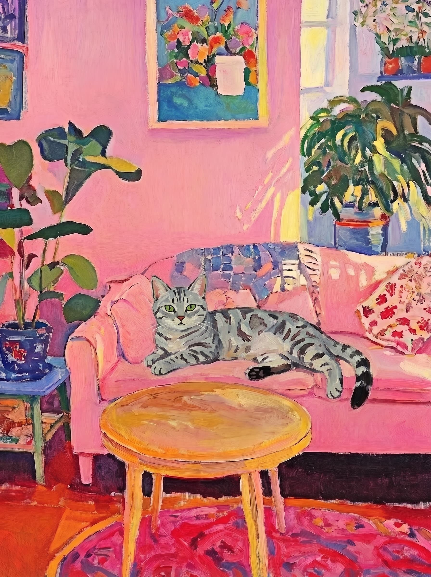 The painting shows a cozy, colorful interior with a warm pink wall and a large pink sofa in the foreground.
      The pet is resting lazily on a bright pink velvet sofa. The pet’s looked completely relaxed and content.
      The overall mood is cheerful and intimate, with bold outlines, visible brushstrokes, and slightly simplified forms.
      Art Style: Paint in Fauvism, post-impressionism style. Use simplified shapes, exaggerates color, and flattens perspective to create charm and personality.
Use saturated, non-naturalistic colors and flattened perspective reminiscent of Henri Matisse.
The brushwork is loose, visible, and painterly, with uneven strokes that give the surface texture and movement.
Paint with large areas of flat color patches, simplified shapes, bold decorative outlines, and minimal blending.
The composition is flattened and slightly distorted, with compressed perspective.
The painting is expressive, utilizing thick, confident strokes and quick, rhythmic marks that prioritize texture and visual energy over realistic blending or depth.