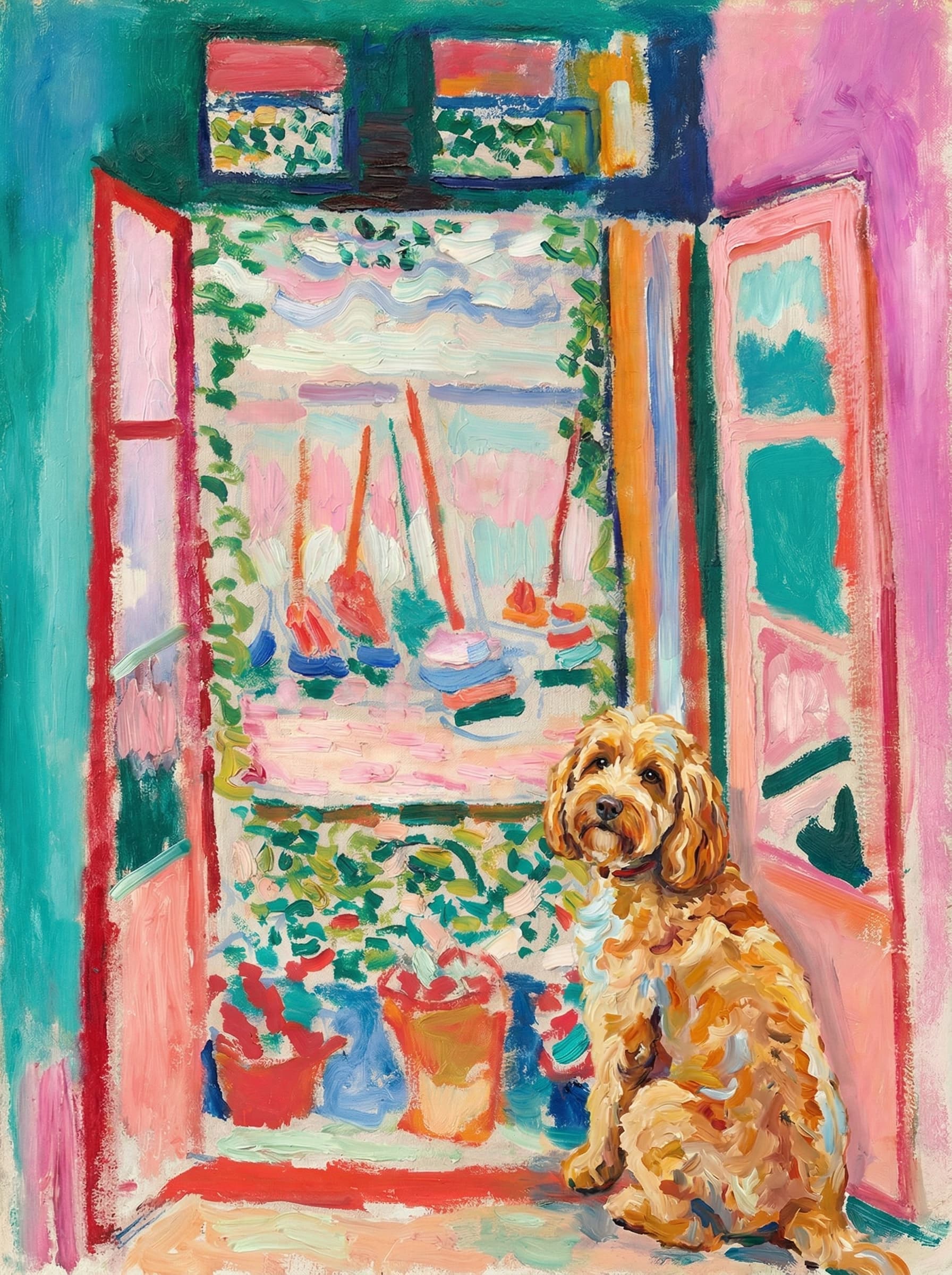 A pet sitting on the right bottom frame of an open door, with its back to the opening while facing the room, looking at the viewer, slight leaning on the right-side door panel. Paint in post-impressionism style. Use loosely painted, vibrantly colored, stylized, vertical painting.