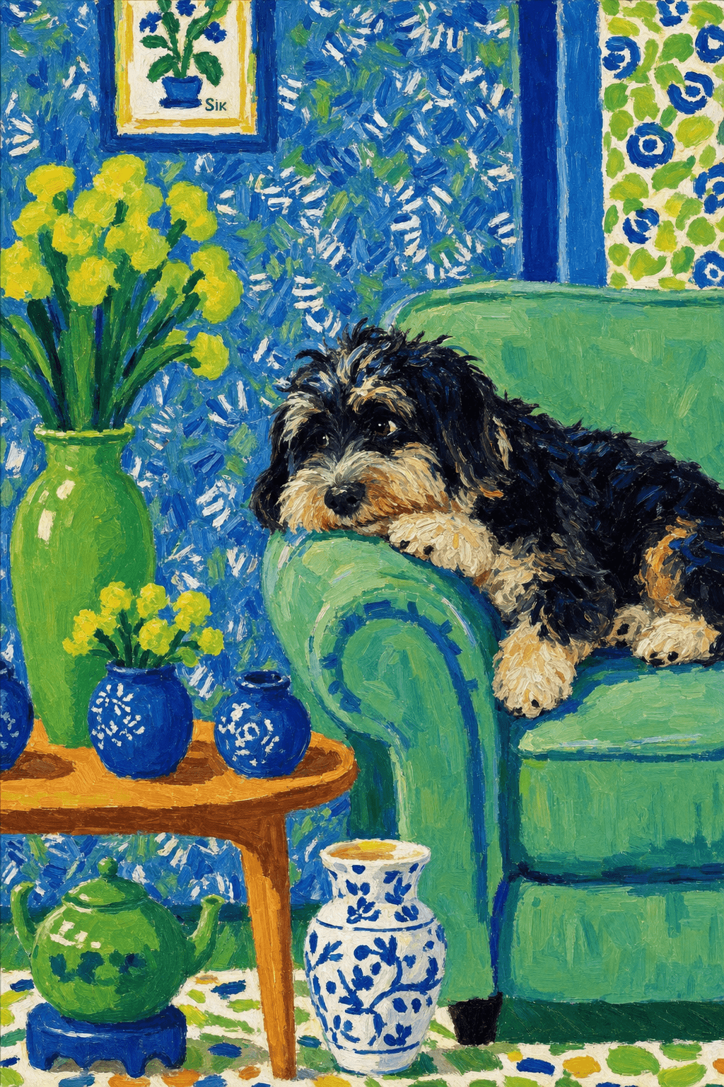 A pet lazy lying on the couch, with head tilt on the edge of couch, eye looking at the the vase. paint in post-impressionism style. Use saturated, non-naturalistic colors and flattened perspective reminiscent of Henri Matisse. painterly and expressive, utilizing thick, confident strokes and quick, rhythmic marks that prioritize texture and visual energy over realistic blending or depth.