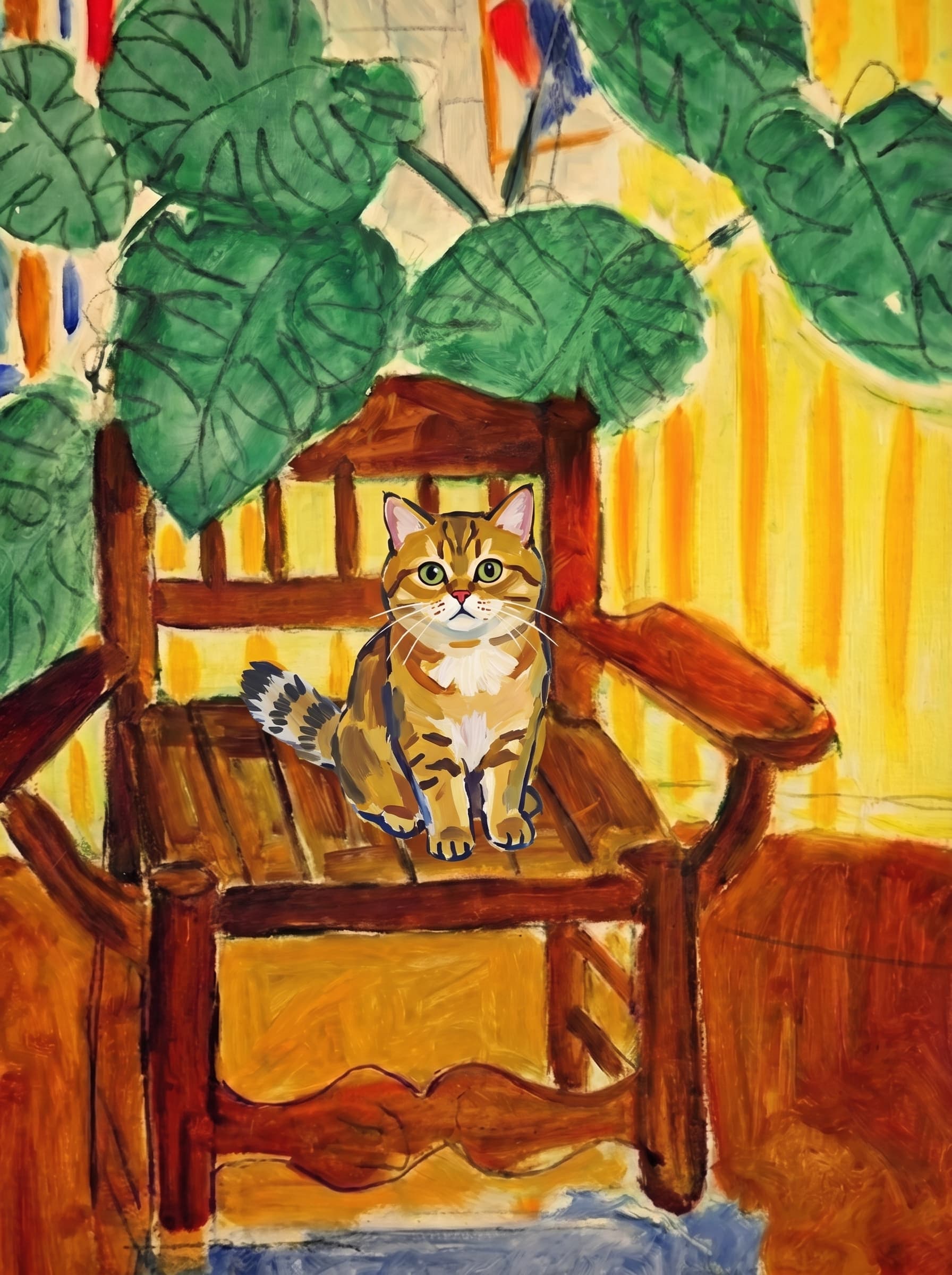 A pet sitting on a brown chair, looking at the viewer. Art Style: Paint in Fauvism, post-impressionism style. Use simplified shapes, exaggerates color, and flattens perspective to create charm and personality.
Use saturated, non-naturalistic colors and flattened perspective reminiscent of Henri Matisse.
The brushwork is loose, visible, and painterly, with uneven strokes that give the surface texture and movement.
Paint with large areas of flat color patches, simplified shapes, bold decorative outlines, and minimal blending.
The composition is flattened and slightly distorted, with compressed perspective.
The painting is expressive, utilizing thick, confident strokes and quick, rhythmic marks that prioritize texture and visual energy over realistic blending or depth.