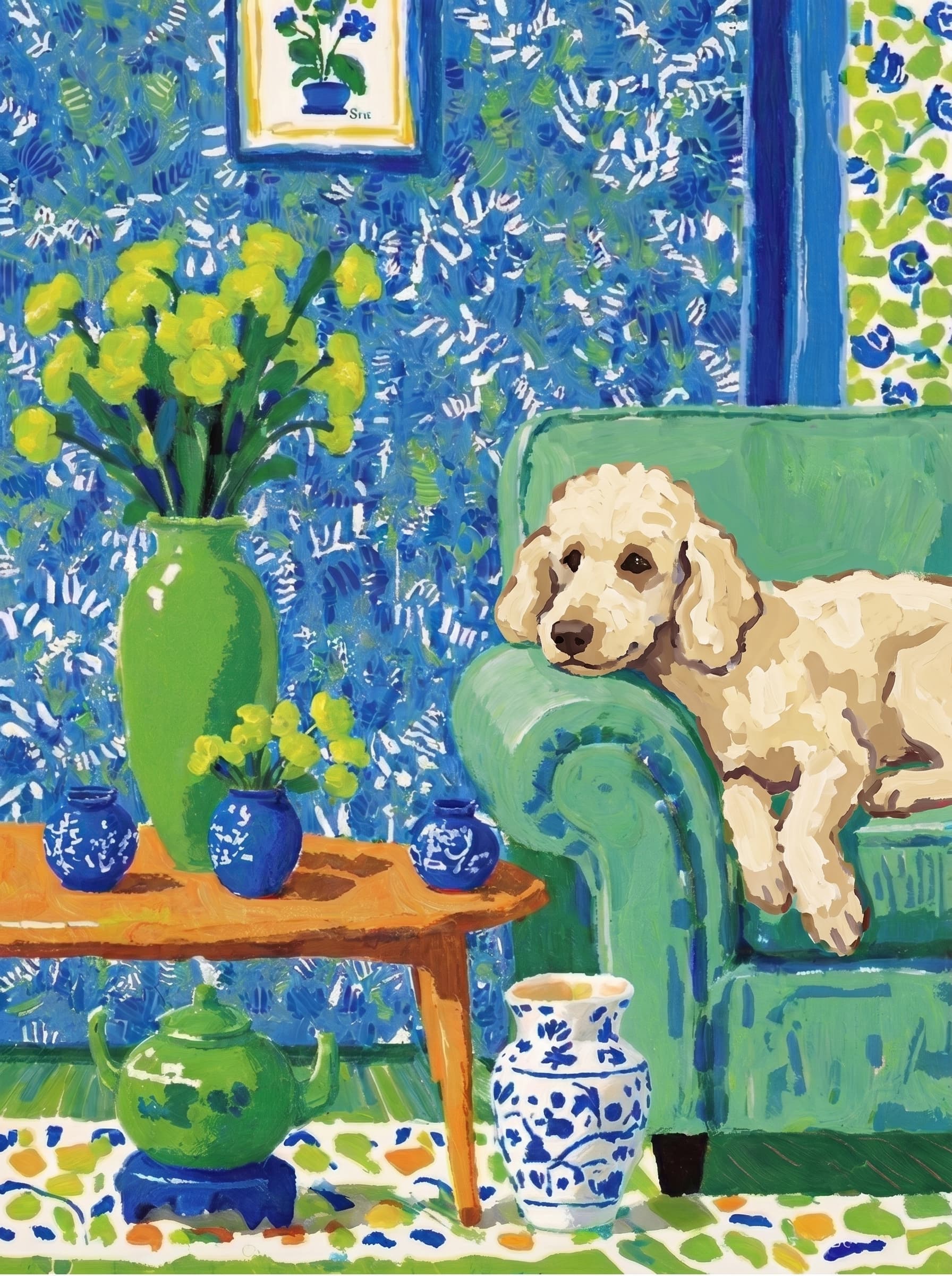 A pet lazy lying on the couch, with head tilt on the edge of couch, eye looking at the the vase. Art Style: Paint in Fauvism, post-impressionism style. Use simplified shapes, exaggerates color, and flattens perspective to create charm and personality.
Use saturated, non-naturalistic colors and flattened perspective reminiscent of Henri Matisse.
The brushwork is loose, visible, and painterly, with uneven strokes that give the surface texture and movement.
Paint with large areas of flat color patches, simplified shapes, bold decorative outlines, and minimal blending.
The composition is flattened and slightly distorted, with compressed perspective.
The painting is expressive, utilizing thick, confident strokes and quick, rhythmic marks that prioritize texture and visual energy over realistic blending or depth.