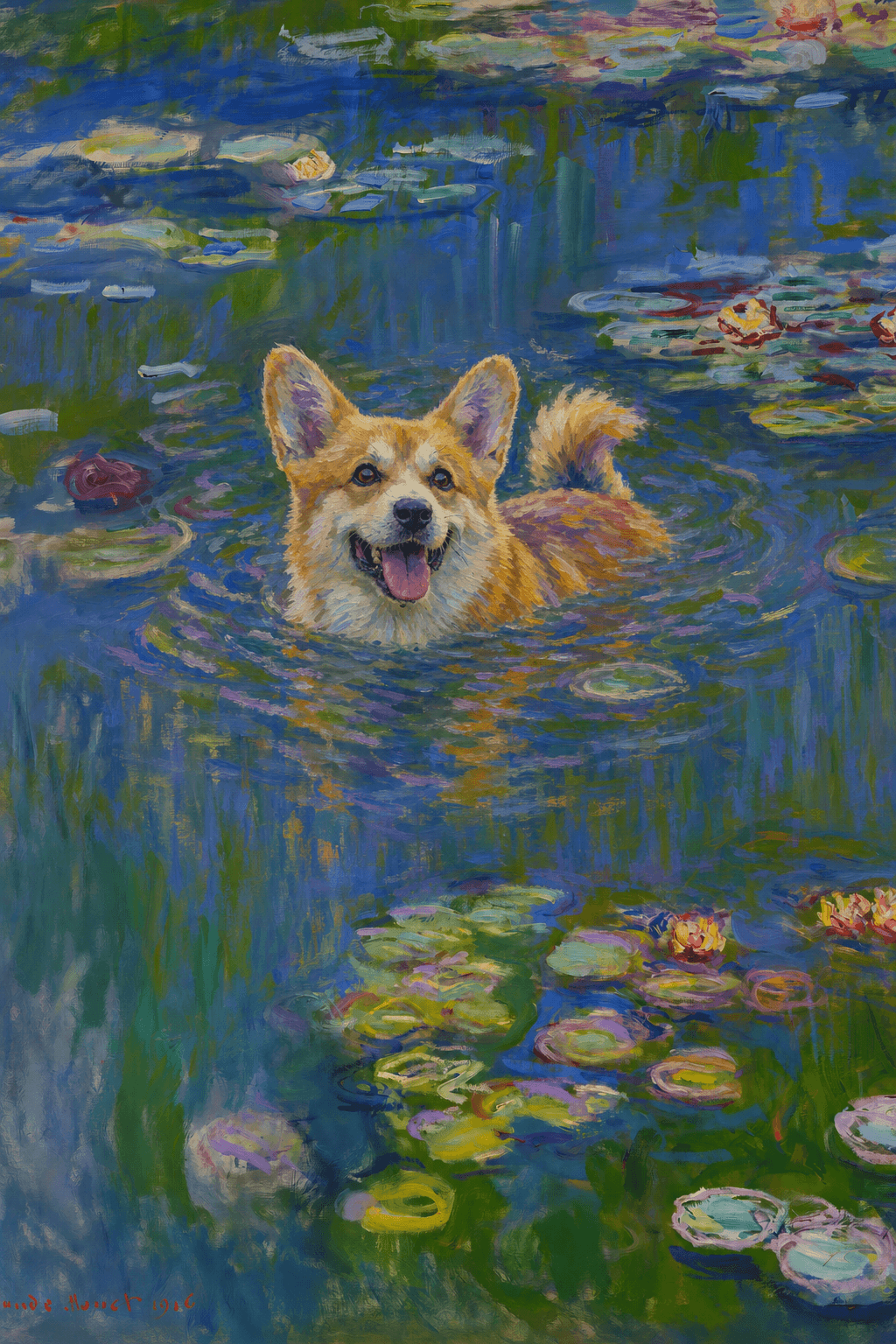 The pet should appear naturally integrated into the middle of the pond, swimming calmly through the water with only its head, upper neck, and a subtle suggestion of its back visible above the surface.
      The pet should be facing forward and looking directly at the viewer. Its wet fur should be suggested through painterly strokes.
      Blend the pet into the scene using Monet-like impressionist oil painting techniques: visible layered brushstrokes, soft broken color, blue-green reflections, violet shadows, golden-orange highlights, and shimmering ripples around the pet. 
      The water should partially obscure the pet’s body, with delicate circular ripples spreading outward. Nearby lily pads and water lilies should remain undisturbed but subtly interact with the ripples.
      The pet must feel like it was originally painted into the artwork, not pasted on top. Match the atmospheric softness, painterly texture, scale, perspective, and color harmony of the original Water Lilies painting. 
      Avoid photorealism, sharp outlines, modern digital effects, or excessive detail. The final image should look like a whimsical impressionist oil painting in the spirit of late Monet, with the pet quietly swimming among the lily pads at the center of the pond.
      Art Style: Paint in Fauvism, post-impressionism style. Use simplified shapes, exaggerates color, and flattens perspective to create charm and personality.
Use saturated, non-naturalistic colors and flattened perspective reminiscent of Henri Matisse.
The brushwork is loose, visible, and painterly, with uneven strokes that give the surface texture and movement.
Paint with large areas of flat color patches, simplified shapes, bold decorative outlines, and minimal blending.
The composition is flattened and slightly distorted, with compressed perspective.
The painting is expressive, utilizing thick, confident strokes and quick, rhythmic marks that prioritize texture and visual energy over realistic blending or depth.