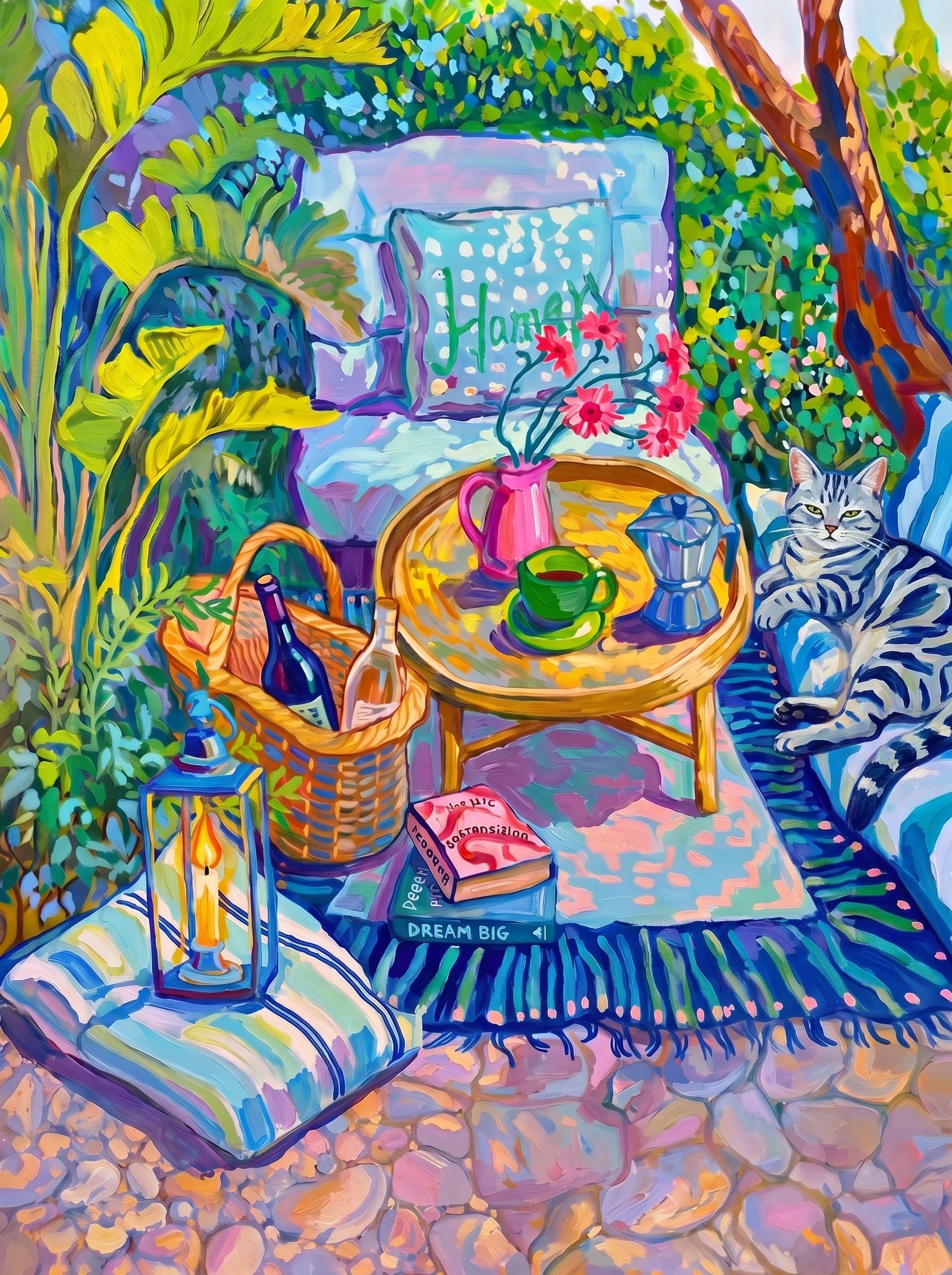 a cozy garden patio filled with lush tropical greenery, blue-and-white striped cushions, a round rattan table, picnic basket, lantern, books, flowers.
      The pet is lazily resting in the foreground, almost fall asleep with a relaxed and content expression.
      The composition feels intimate and inviting, with foliage and a tree trunk framing the scene, the circular table anchoring the center, and expressive brushwork plus dappled light creating a lively, relaxed outdoor atmosphere.
      Art Style: Paint in Fauvism, post-impressionism style. Use simplified shapes, exaggerates color, and flattens perspective to create charm and personality.
Use saturated, non-naturalistic colors and flattened perspective reminiscent of Henri Matisse.
The brushwork is loose, visible, and painterly, with uneven strokes that give the surface texture and movement.
Paint with large areas of flat color patches, simplified shapes, bold decorative outlines, and minimal blending.
The composition is flattened and slightly distorted, with compressed perspective.
The painting is expressive, utilizing thick, confident strokes and quick, rhythmic marks that prioritize texture and visual energy over realistic blending or depth.