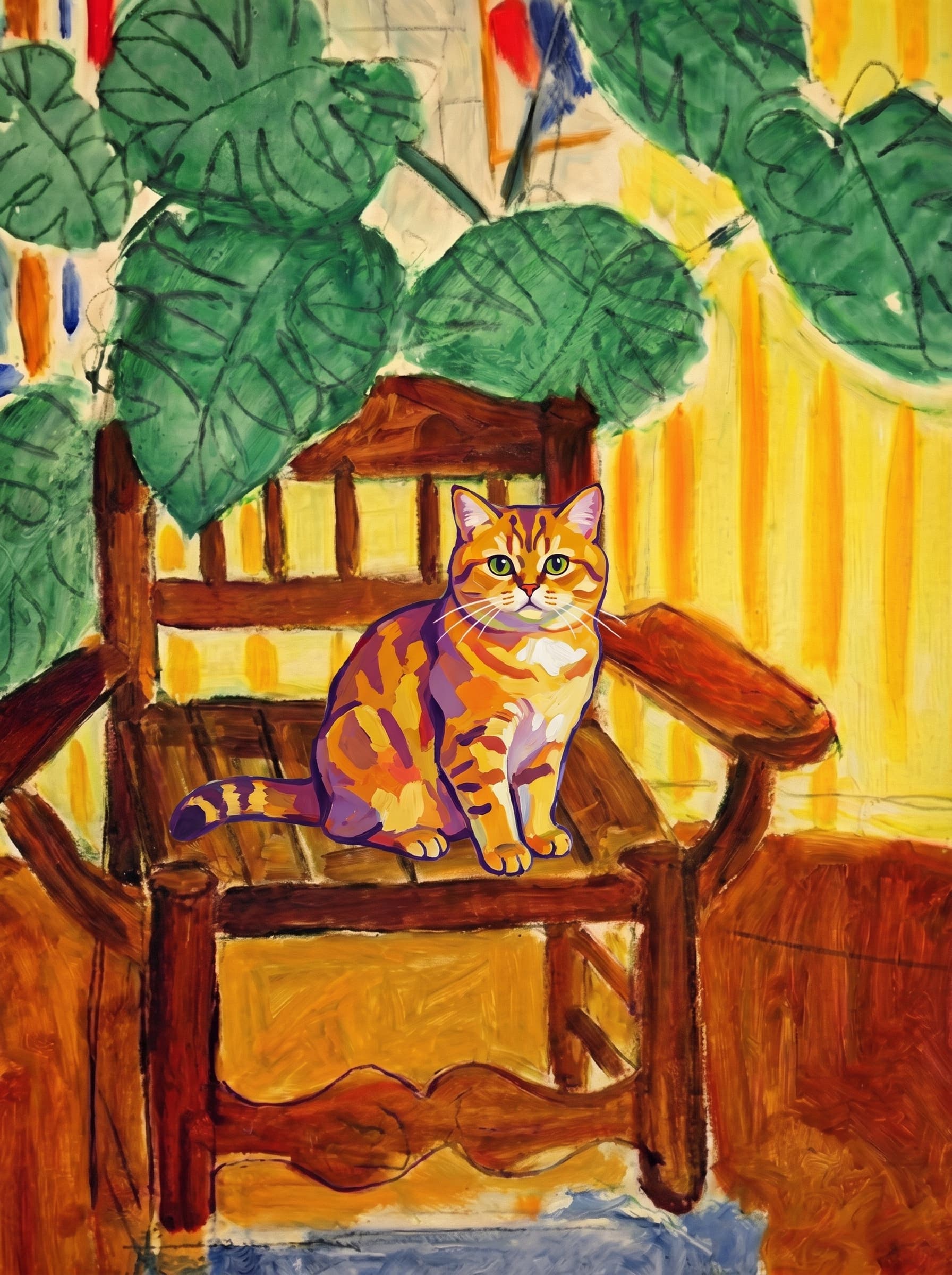 A pet sitting on a brown chair, looking at the viewer. Art Style: Paint in Fauvism, post-impressionism style. Use simplified shapes, exaggerates color, and flattens perspective to create charm and personality.
Use saturated, non-naturalistic colors and flattened perspective reminiscent of Henri Matisse.
The brushwork is loose, visible, and painterly, with uneven strokes that give the surface texture and movement.
Paint with large areas of flat color patches, simplified shapes, bold decorative outlines, and minimal blending.
The composition is flattened and slightly distorted, with compressed perspective.
The painting is expressive, utilizing thick, confident strokes and quick, rhythmic marks that prioritize texture and visual energy over realistic blending or depth.