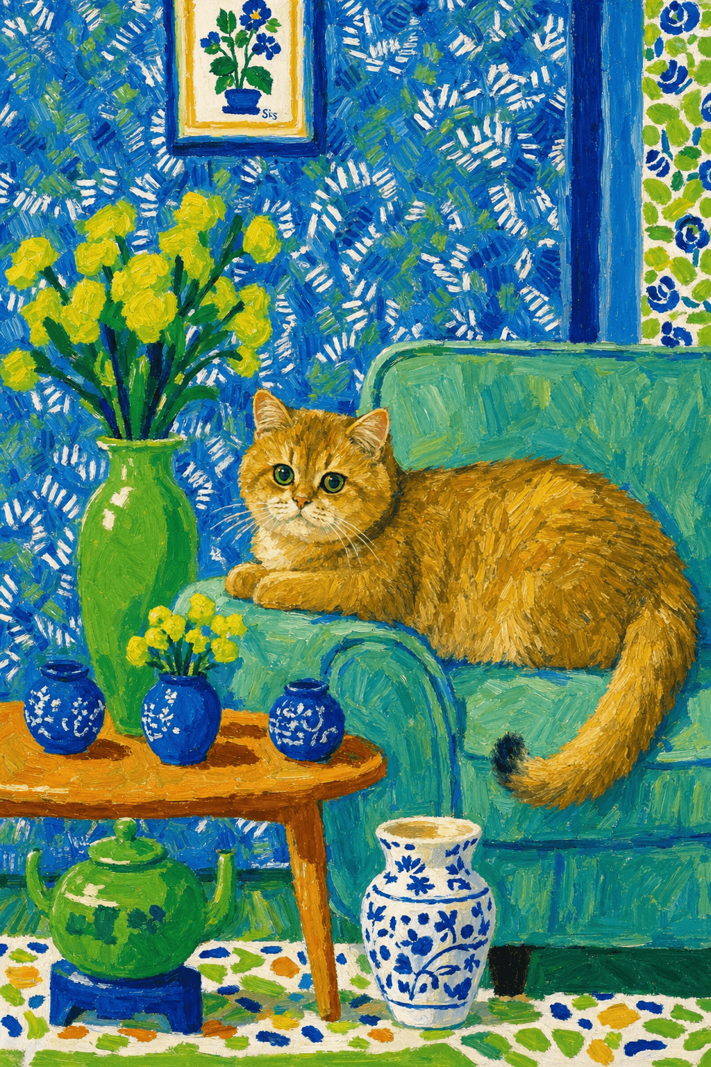 A pet lazy lying on the couch, with head tilt on the edge of couch, eye looking at the the vase. paint in post-impressionism style. Use saturated, non-naturalistic colors and flattened perspective reminiscent of Henri Matisse. painterly and expressive, utilizing thick, confident strokes and quick, rhythmic marks that prioritize texture and visual energy over realistic blending or depth.