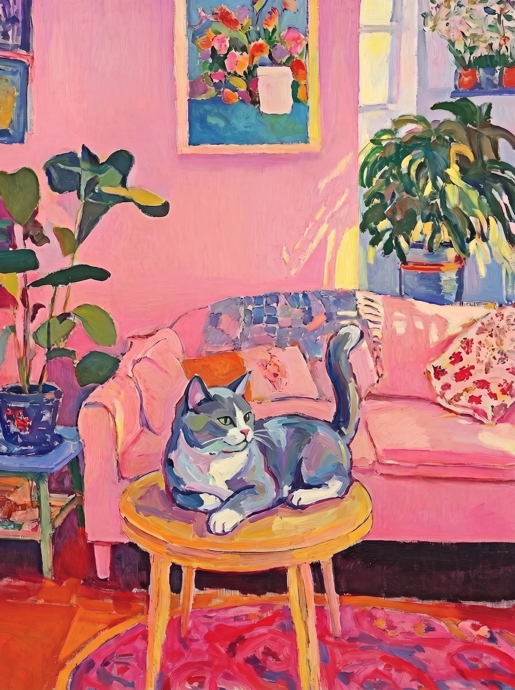 The painting shows a cozy, colorful interior with a warm pink wall and a large pink sofa in the foreground.
      The pet is resting lazily on a bright pink velvet sofa. The pet’s looked completely relaxed and content.
      The overall mood is cheerful and intimate, with bold outlines, visible brushstrokes, and slightly simplified forms.
      Art Style: Paint in Fauvism, post-impressionism style. Use simplified shapes, exaggerates color, and flattens perspective to create charm and personality.
Use saturated, non-naturalistic colors and flattened perspective reminiscent of Henri Matisse.
The brushwork is loose, visible, and painterly, with uneven strokes that give the surface texture and movement.
Paint with large areas of flat color patches, simplified shapes, bold decorative outlines, and minimal blending.
The composition is flattened and slightly distorted, with compressed perspective.
The painting is expressive, utilizing thick, confident strokes and quick, rhythmic marks that prioritize texture and visual energy over realistic blending or depth.