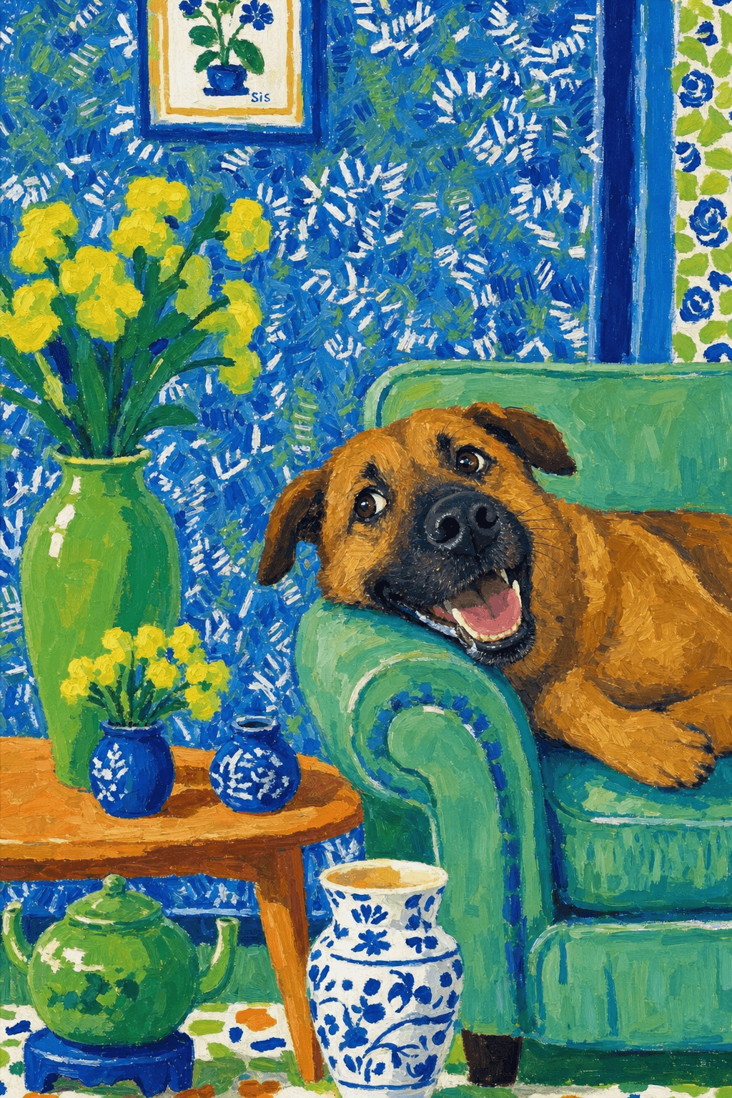 A pet lazy lying on the couch, with head tilt on the edge of couch, eye looking at the the vase. paint in post-impressionism style. Use saturated, non-naturalistic colors and flattened perspective reminiscent of Henri Matisse. painterly and expressive, utilizing thick, confident strokes and quick, rhythmic marks that prioritize texture and visual energy over realistic blending or depth.