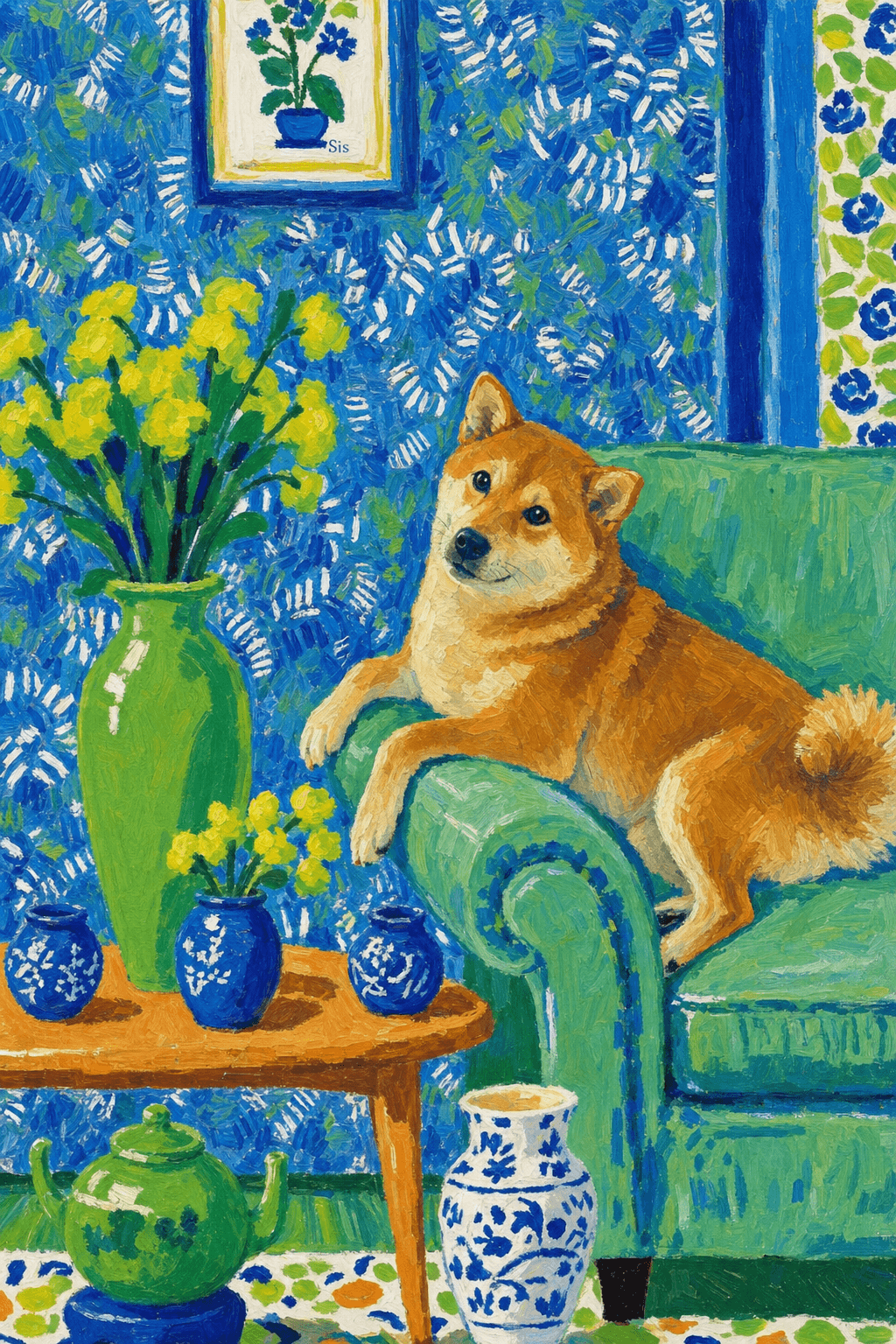 A pet lazy lying on the couch, with head tilt on the edge of couch, eye looking at the the vase. paint in post-impressionism style. Use saturated, non-naturalistic colors and flattened perspective reminiscent of Henri Matisse. painterly and expressive, utilizing thick, confident strokes and quick, rhythmic marks that prioritize texture and visual energy over realistic blending or depth.