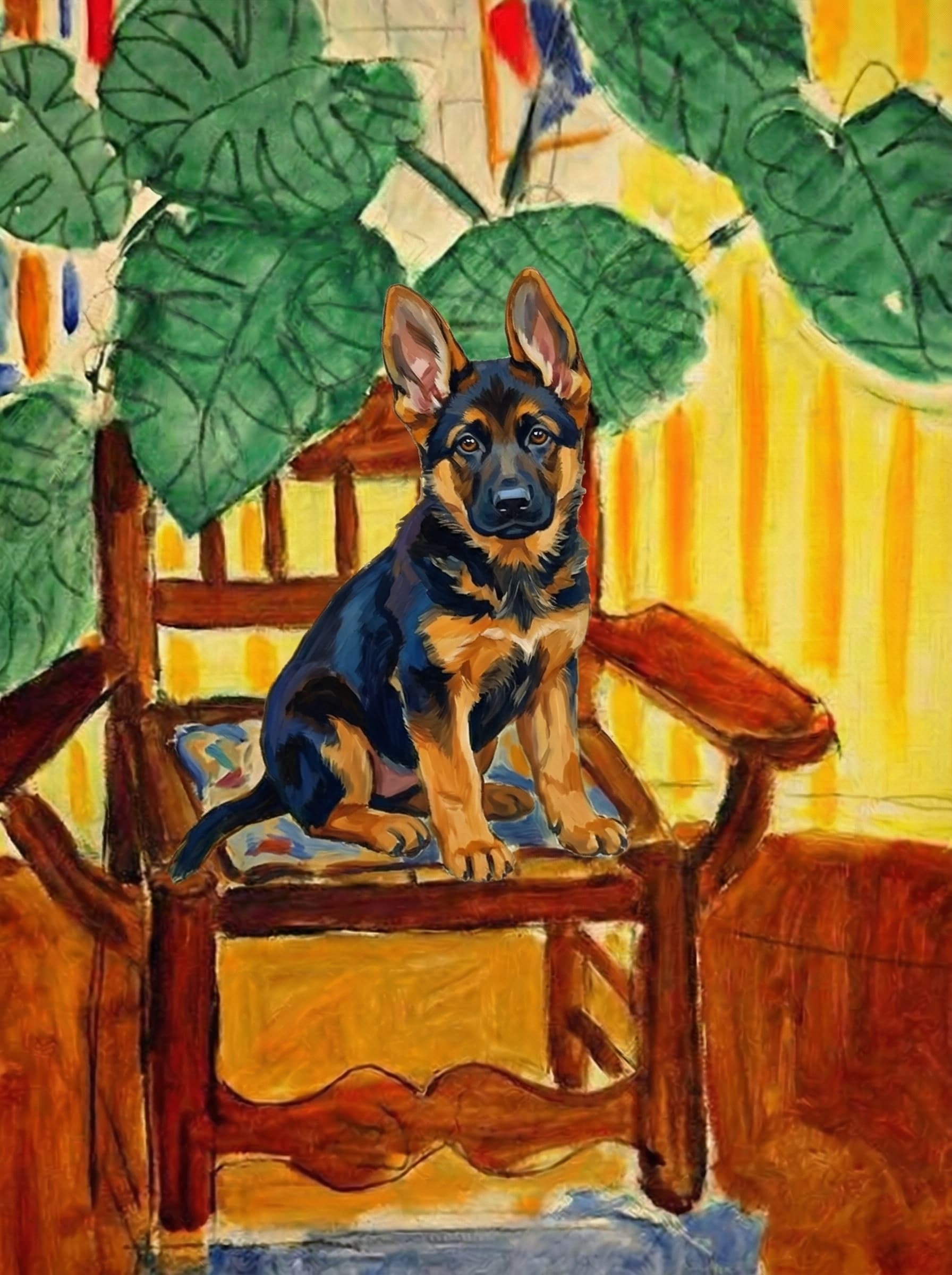 A pet sitting on a brown chair, looking at the viewer. Colors are applied with minimal blending, creating a flat, illustrative feel. The brushwork is broad, rapid, and direct. Strokes are loose, visible, applied thinly, defining the forms quickly without building up significant physical texture or impasto on the surface.