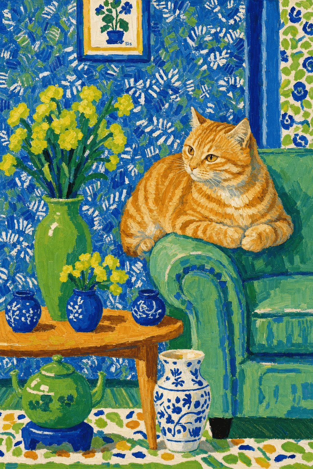 A pet lazy lying on the couch, with head tilt on the edge of couch, eye looking at the the vase. paint in post-impressionism style. Use saturated, non-naturalistic colors and flattened perspective reminiscent of Henri Matisse. painterly and expressive, utilizing thick, confident strokes and quick, rhythmic marks that prioritize texture and visual energy over realistic blending or depth.