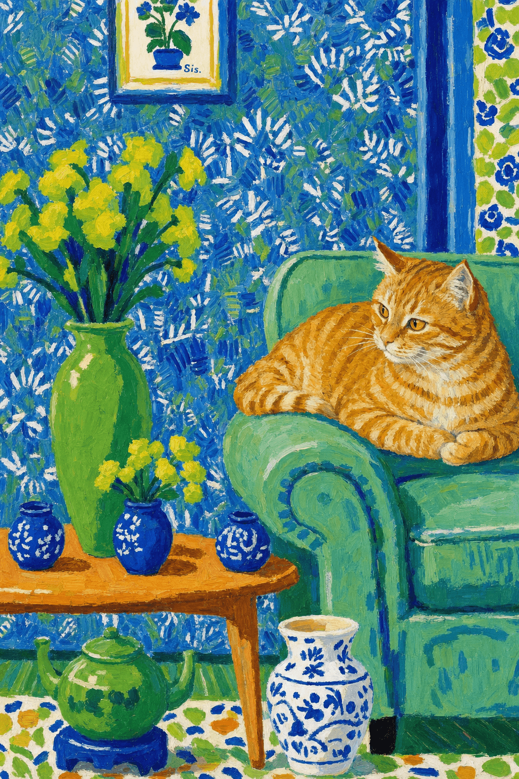 A pet lazy lying on the couch, with head tilt on the edge of couch, eye looking at the the vase. paint in post-impressionism style. Use saturated, non-naturalistic colors and flattened perspective reminiscent of Henri Matisse. painterly and expressive, utilizing thick, confident strokes and quick, rhythmic marks that prioritize texture and visual energy over realistic blending or depth.