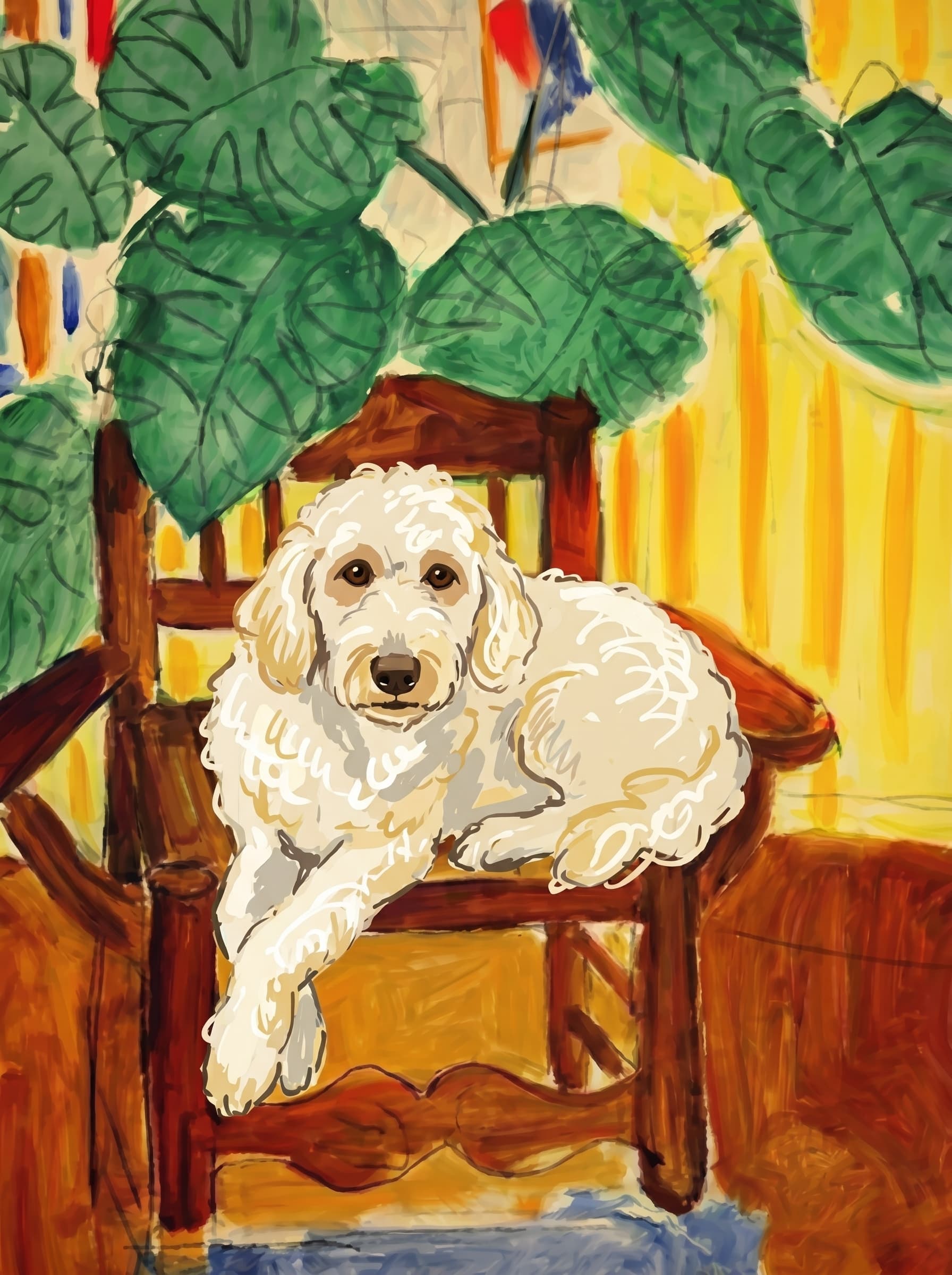 A pet sitting on a brown chair, looking at the viewer. Colors are applied with minimal blending, creating a flat, illustrative feel. The brushwork is broad, rapid, and direct. Strokes are loose, visible, applied thinly, defining the forms quickly without building up significant physical texture or impasto on the surface.