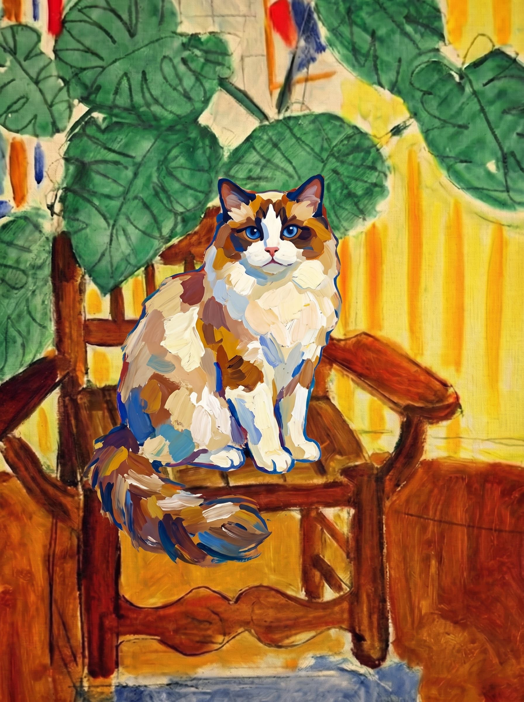 A pet sitting on a brown chair, looking at the viewer. Art Style: Paint in Fauvism, post-impressionism style. Use simplified shapes, exaggerates color, and flattens perspective to create charm and personality.
Use saturated, non-naturalistic colors and flattened perspective reminiscent of Henri Matisse.
The brushwork is loose, visible, and painterly, with uneven strokes that give the surface texture and movement.
Paint with large areas of flat color patches, simplified shapes, bold decorative outlines, and minimal blending.
The composition is flattened and slightly distorted, with compressed perspective.
The painting is expressive, utilizing thick, confident strokes and quick, rhythmic marks that prioritize texture and visual energy over realistic blending or depth.