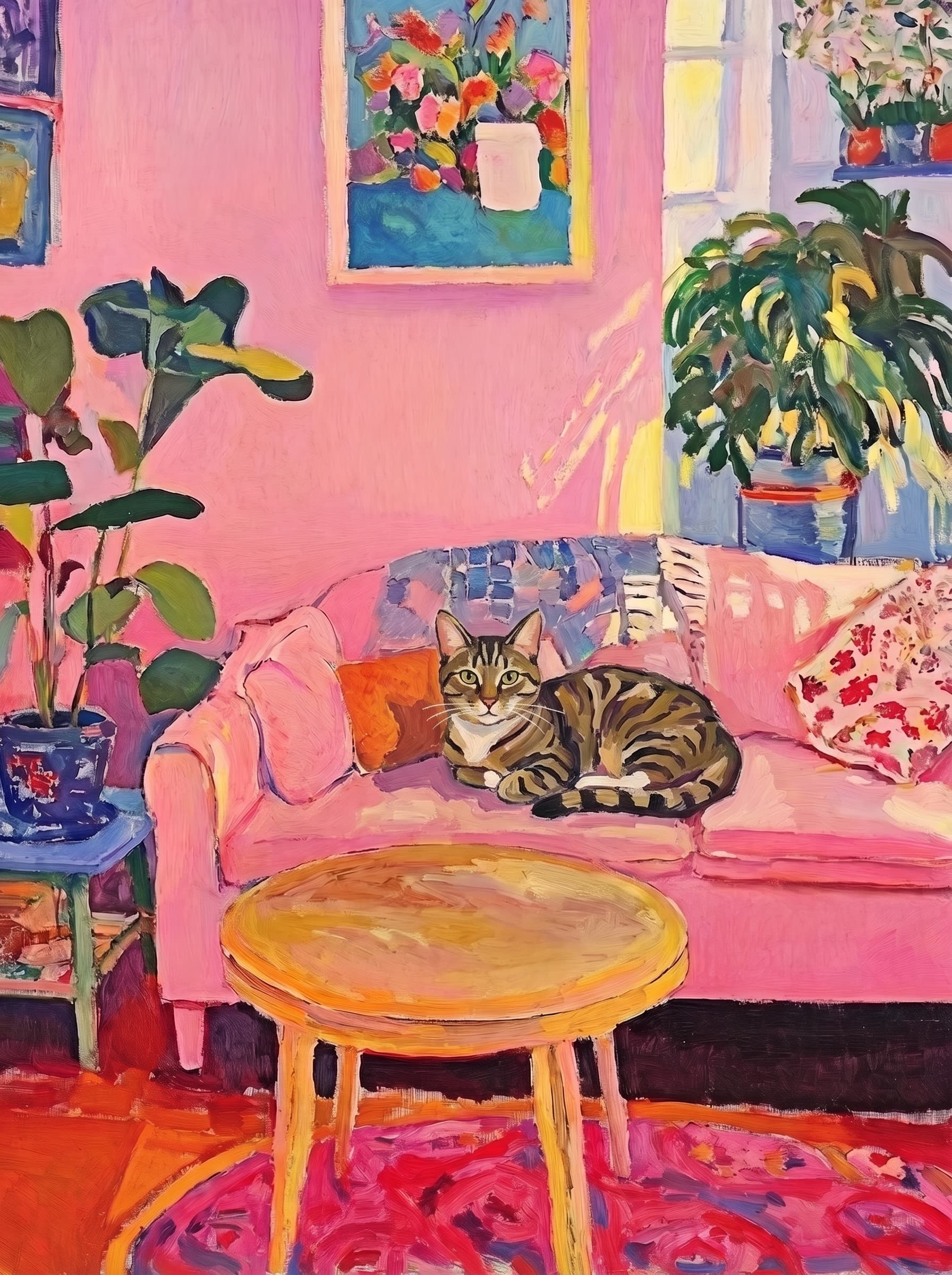 The painting shows a cozy, colorful interior with a warm pink wall and a large pink sofa in the foreground.
The pet is resting lazily on a bright pink velvet sofa. The pet’s looked completely relaxed and content.
The overall mood is cheerful and intimate, with bold outlines, visible brushstrokes, and slightly simplified forms.
Art Style: Paint in Fauvism, post-impressionism style. Use simplified shapes, exaggerates color, and flattens perspective to create charm and personality.
Use saturated, non-naturalistic colors and flattened perspective reminiscent of Henri Matisse.
The brushwork is loose, visible, and painterly, with uneven strokes that give the surface texture and movement.
Paint with large areas of flat color patches, simplified shapes, bold decorative outlines, and minimal blending.
The composition is flattened and slightly distorted, with compressed perspective.
The painting is expressive, utilizing thick, confident strokes and quick, rhythmic marks that prioritize texture and visual energy over realistic blending or depth.
