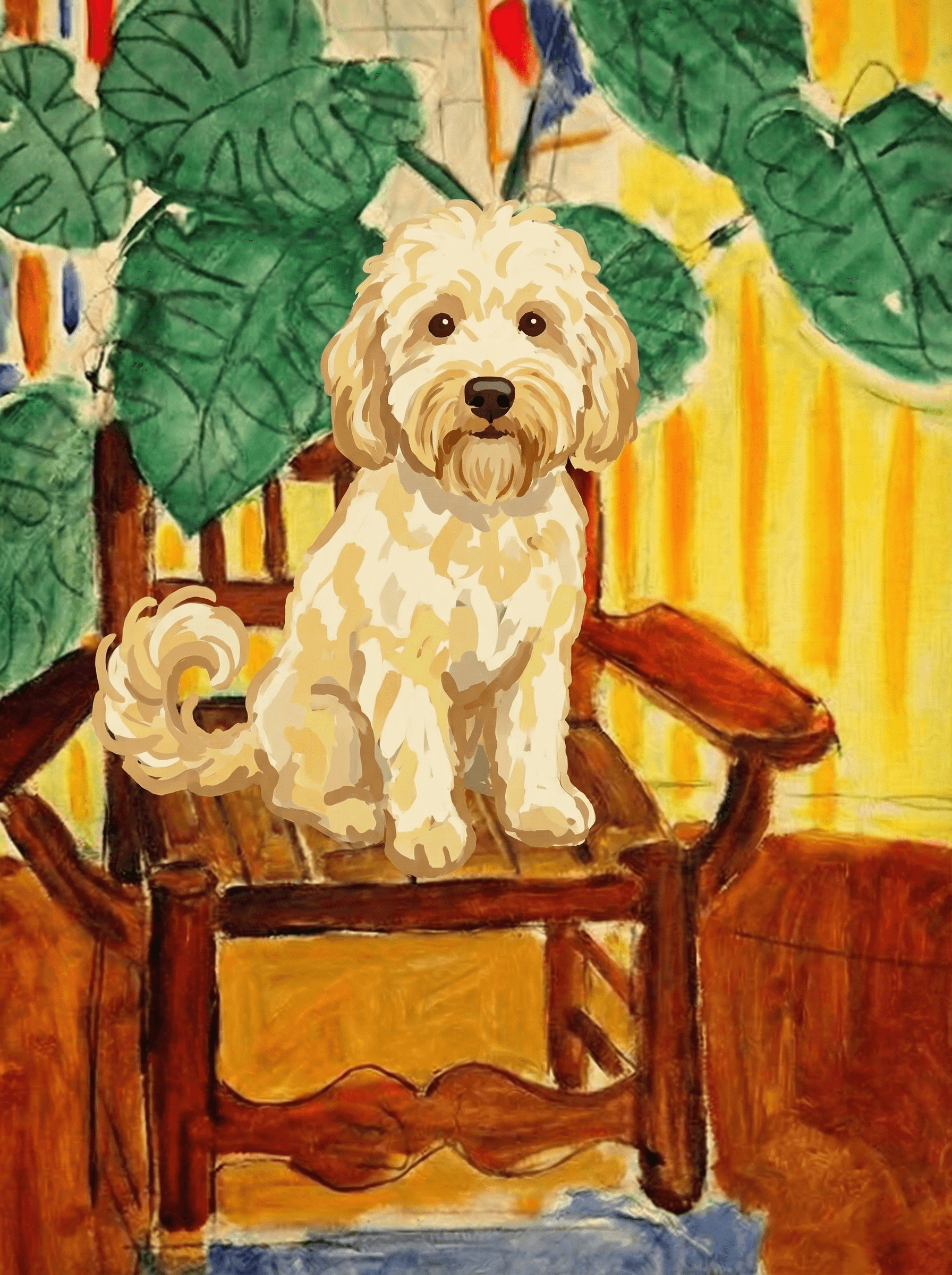 A pet sitting on a brown chair, looking at the viewer. Colors are applied with minimal blending, creating a flat, illustrative feel. The brushwork is broad, rapid, and direct. Strokes are loose, visible, applied thinly, defining the forms quickly without building up significant physical texture or impasto on the surface.