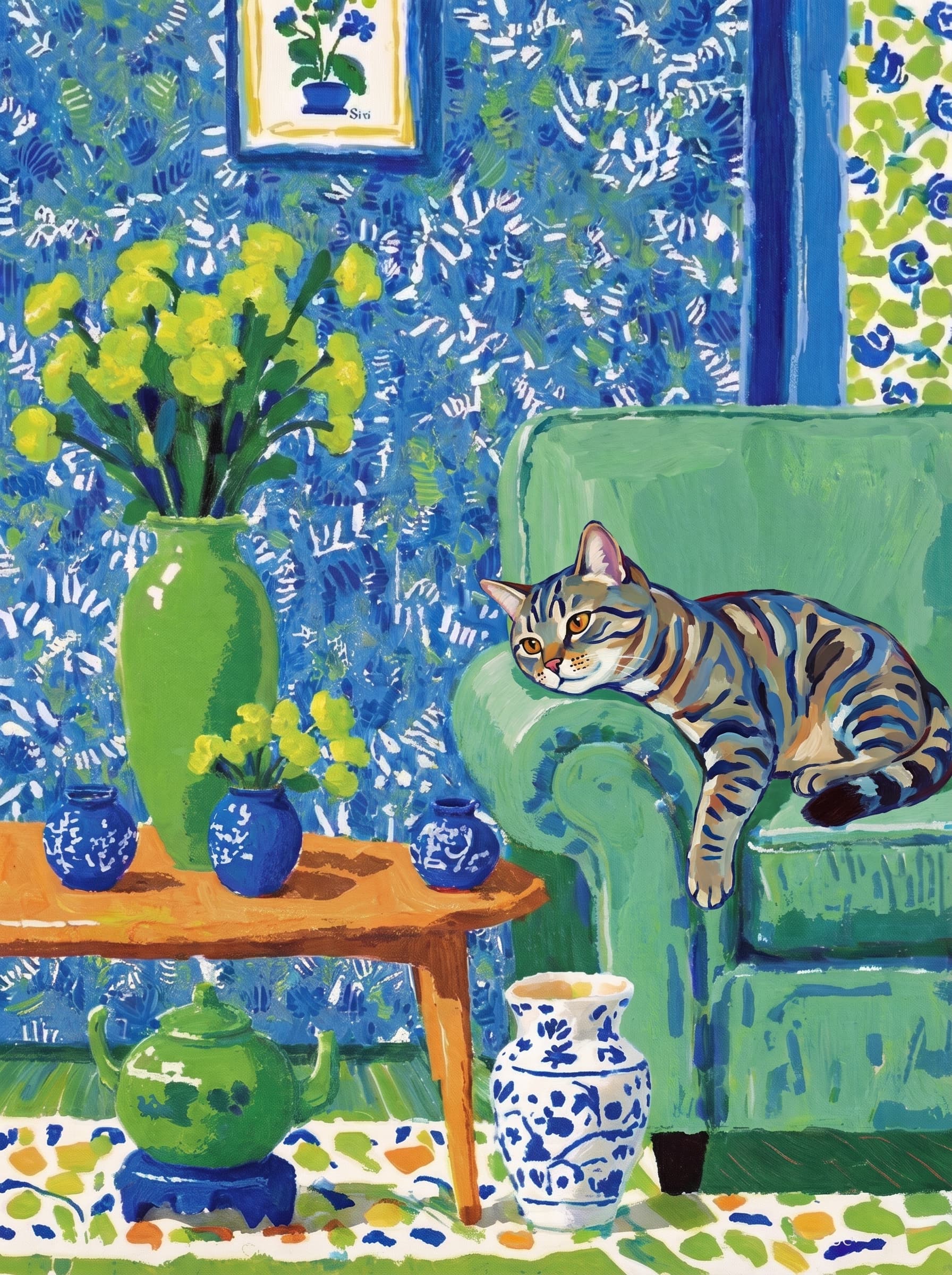 A pet lazy lying on the couch, with head tilt on the edge of couch, eye looking at the the vase. Art Style: Paint in Fauvism, post-impressionism style. Use simplified shapes, exaggerates color, and flattens perspective to create charm and personality.
Use saturated, non-naturalistic colors and flattened perspective reminiscent of Henri Matisse.
The brushwork is loose, visible, and painterly, with uneven strokes that give the surface texture and movement.
Paint with large areas of flat color patches, simplified shapes, bold decorative outlines, and minimal blending.
The composition is flattened and slightly distorted, with compressed perspective.
The painting is expressive, utilizing thick, confident strokes and quick, rhythmic marks that prioritize texture and visual energy over realistic blending or depth.